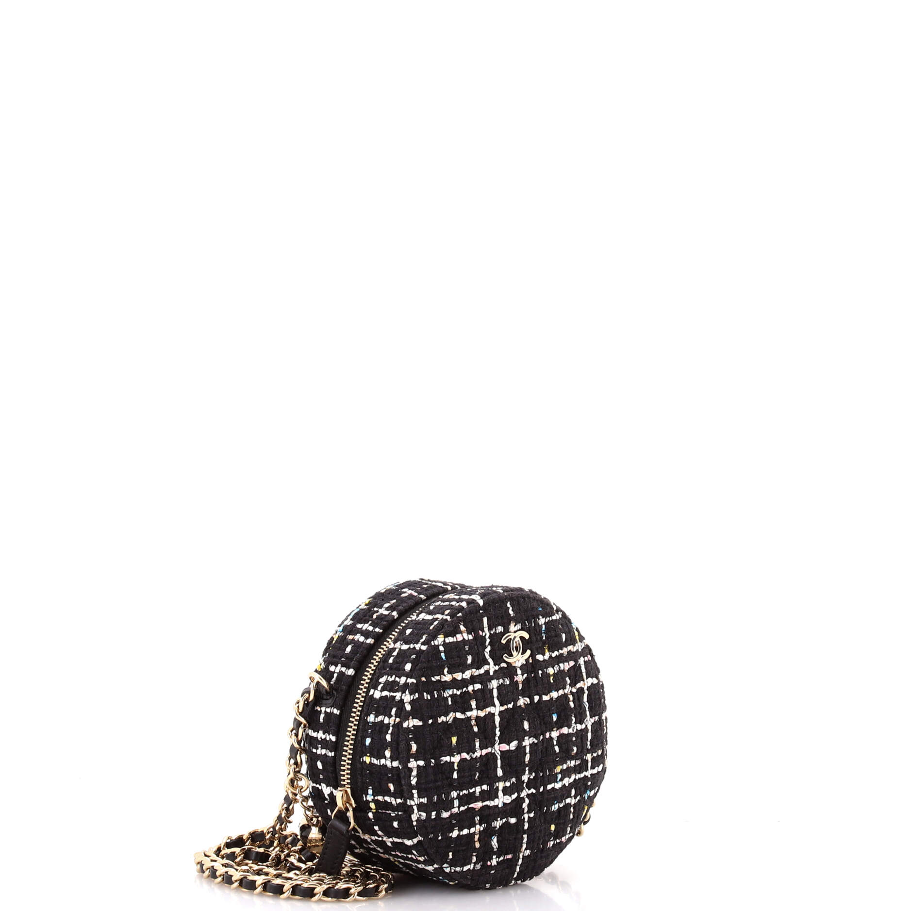 Charm Round Clutch with Chain Quilted Tweed