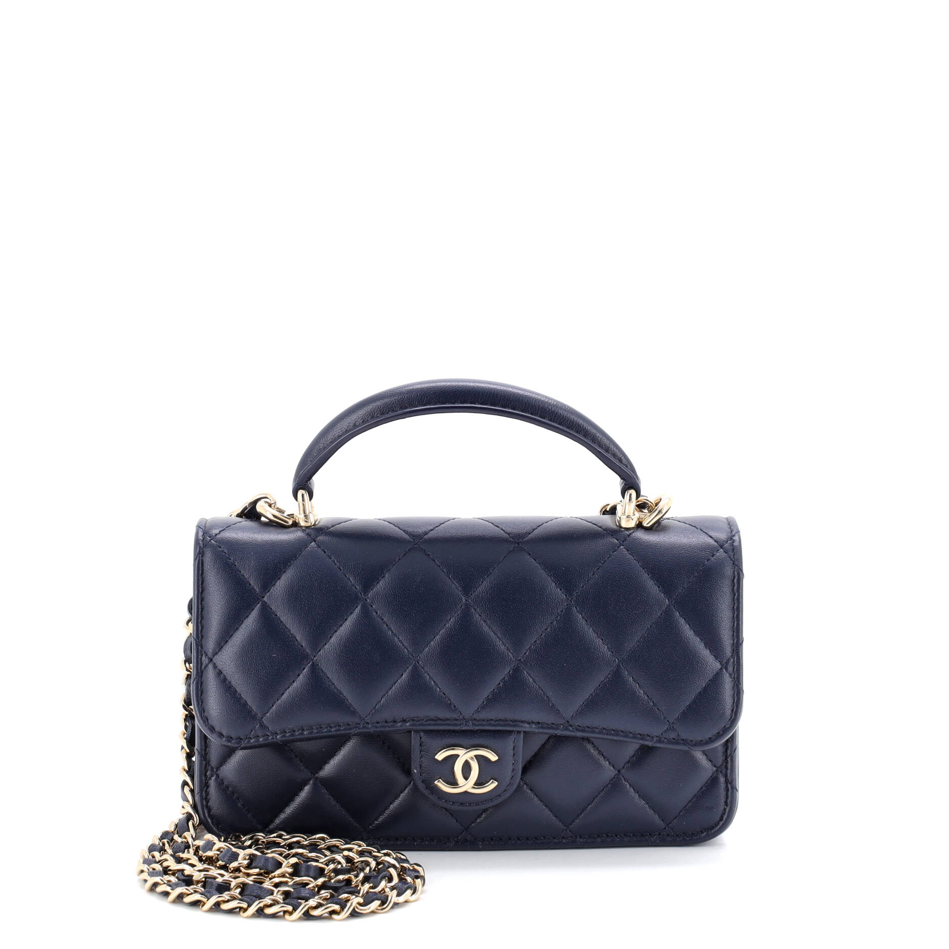 Classic Top Handle Flap Phone Holder with Chain Quilted Lambskin