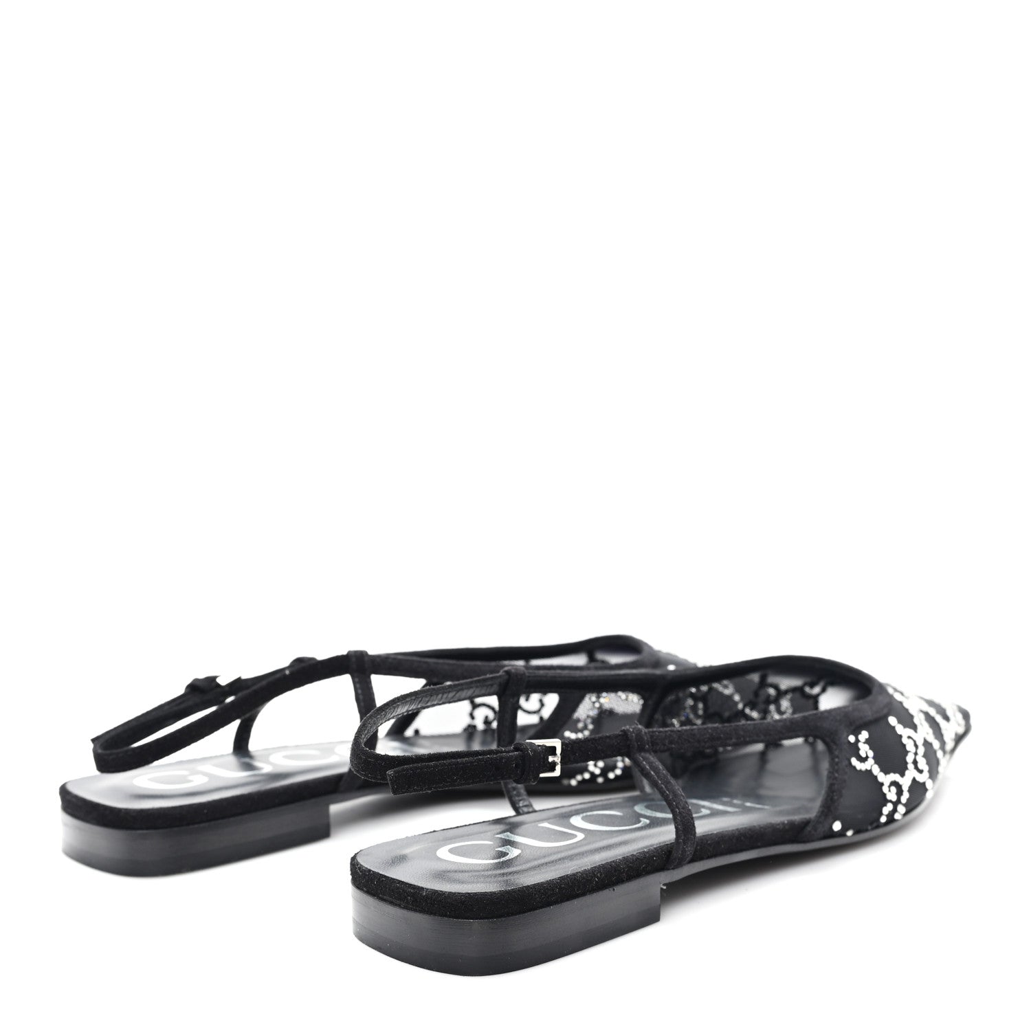 Suede Mesh Crystal GG Monogram Slingback Ballet Flats 39 Black