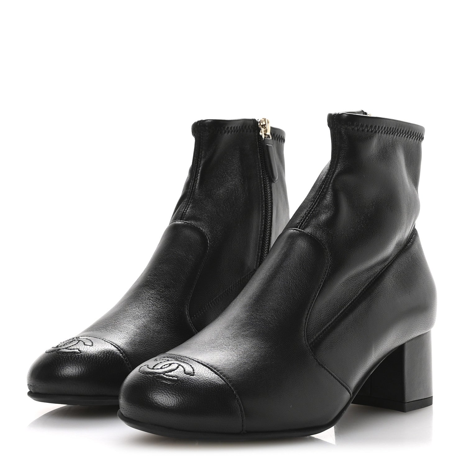 Stretch Lambskin Cap Toe CC Uniform Short Boots 36.5 Black