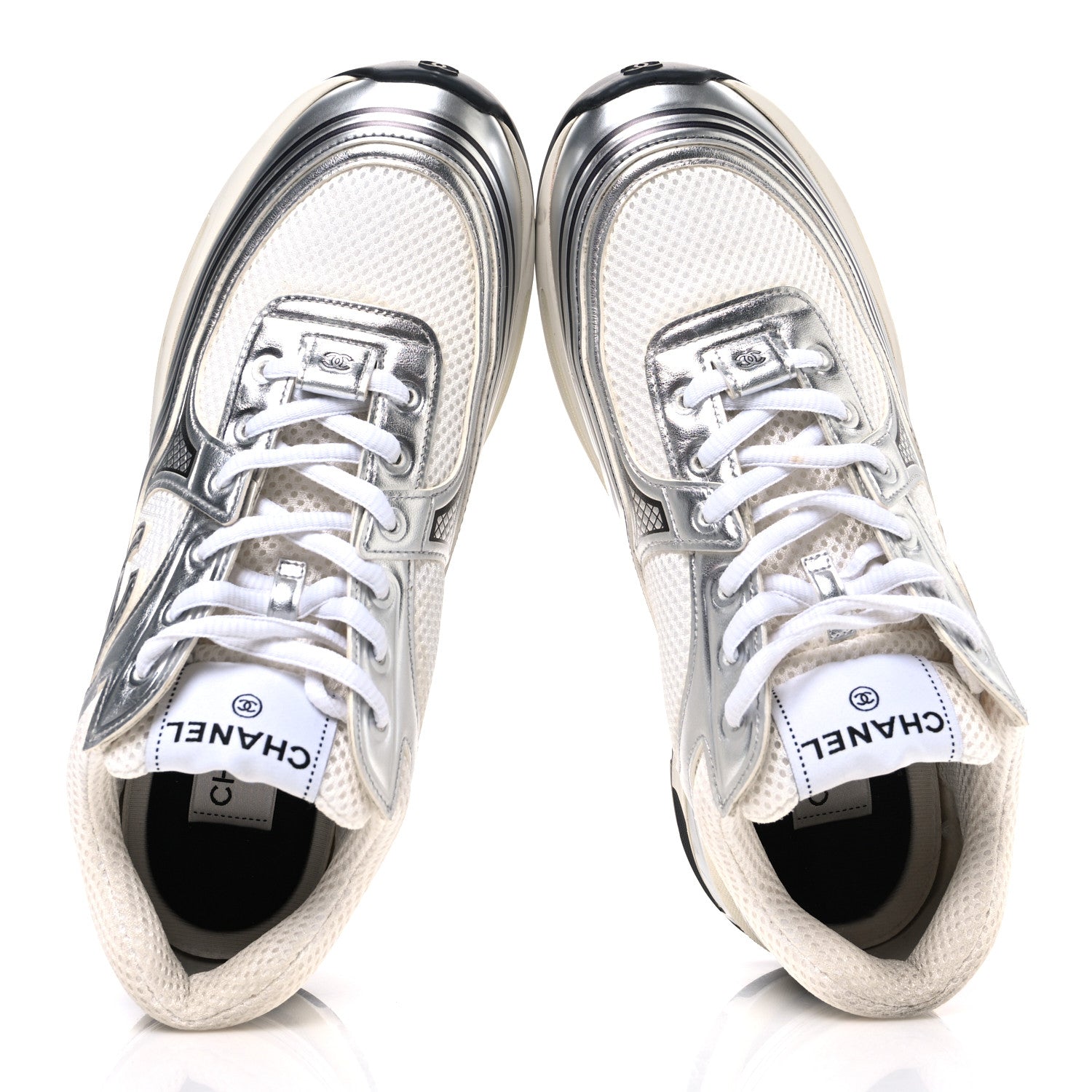Fabric Laminated Calfskin Stretch CC Womens Sneakers 40 White Silver