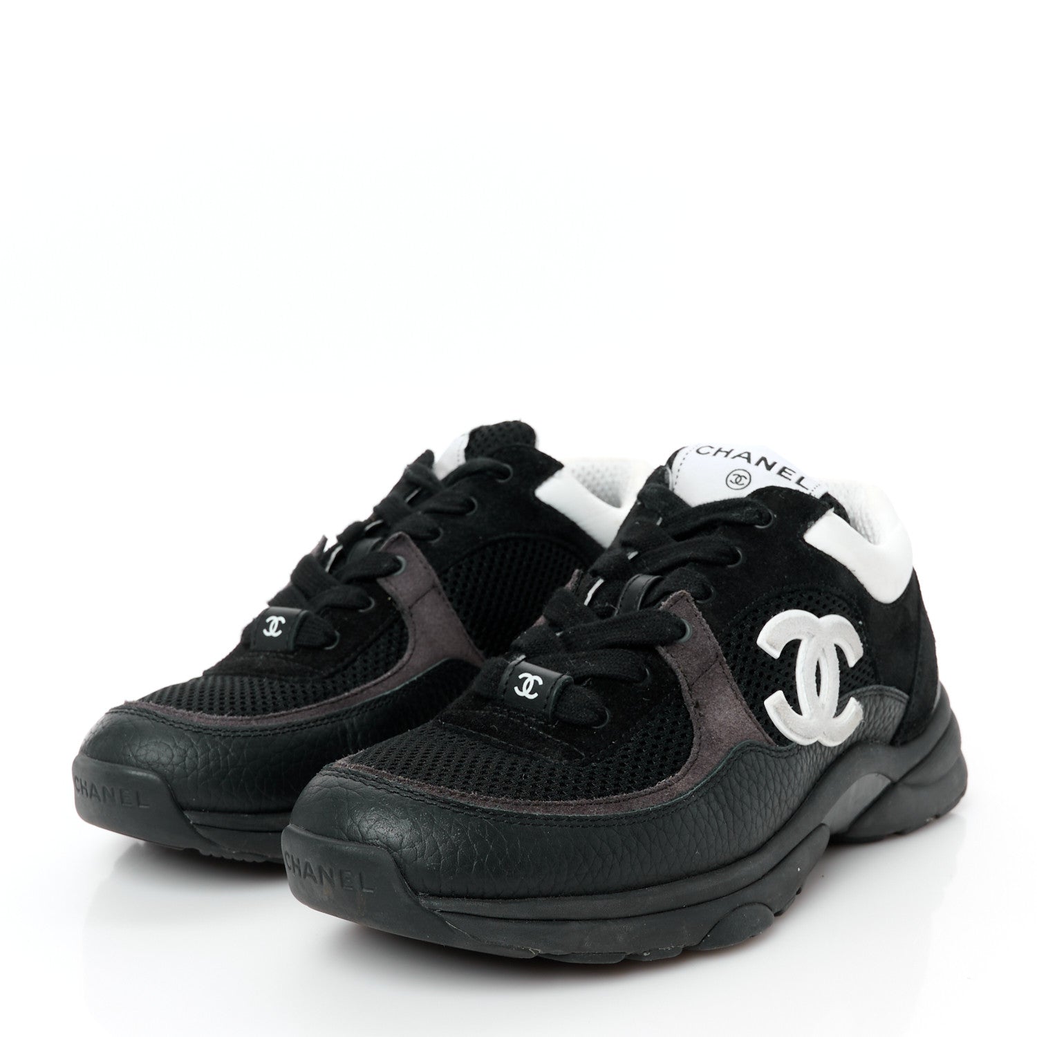 Mesh Suede Grained Calfskin Womens CC Sneakers 37.5 Black White