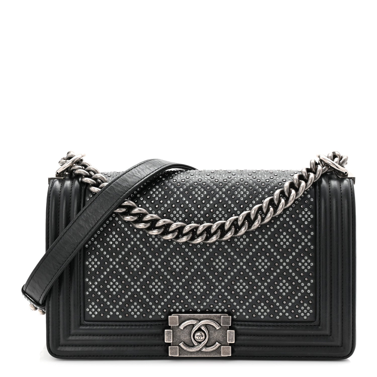 Calfskin Crystal Studded Quilted Medium Boy Flap  Black