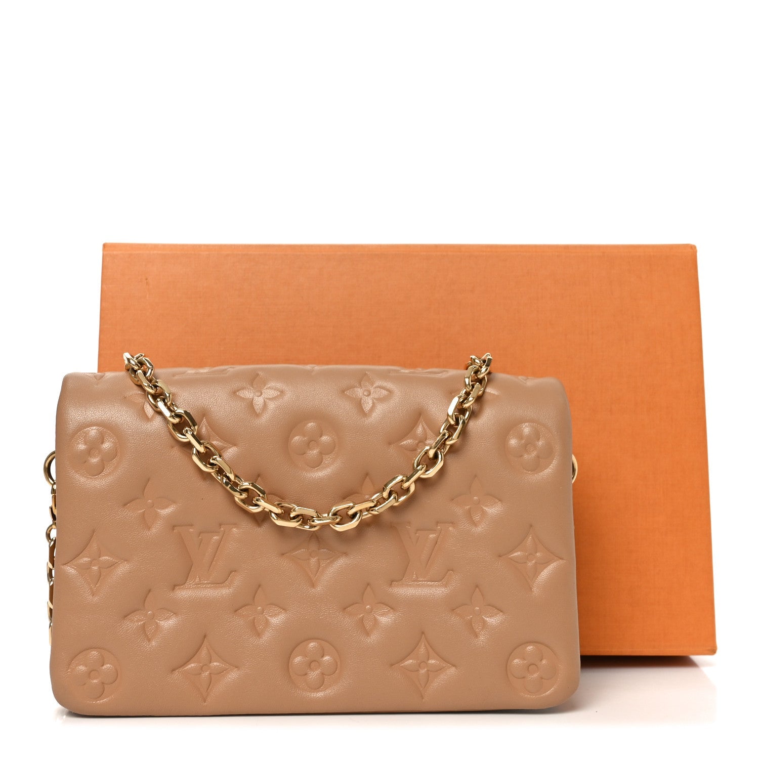 Lambskin Embossed Monogram Pochette Coussin Camel