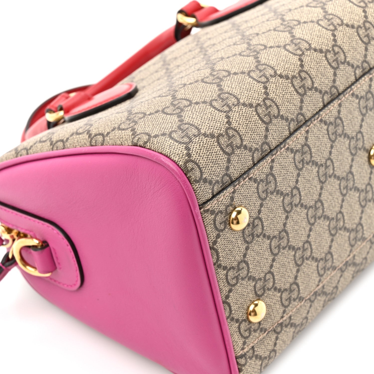 GG Supreme Monogram Moon Calfskin Small Boston Beige Ebony Hibiscus Red New Rosette