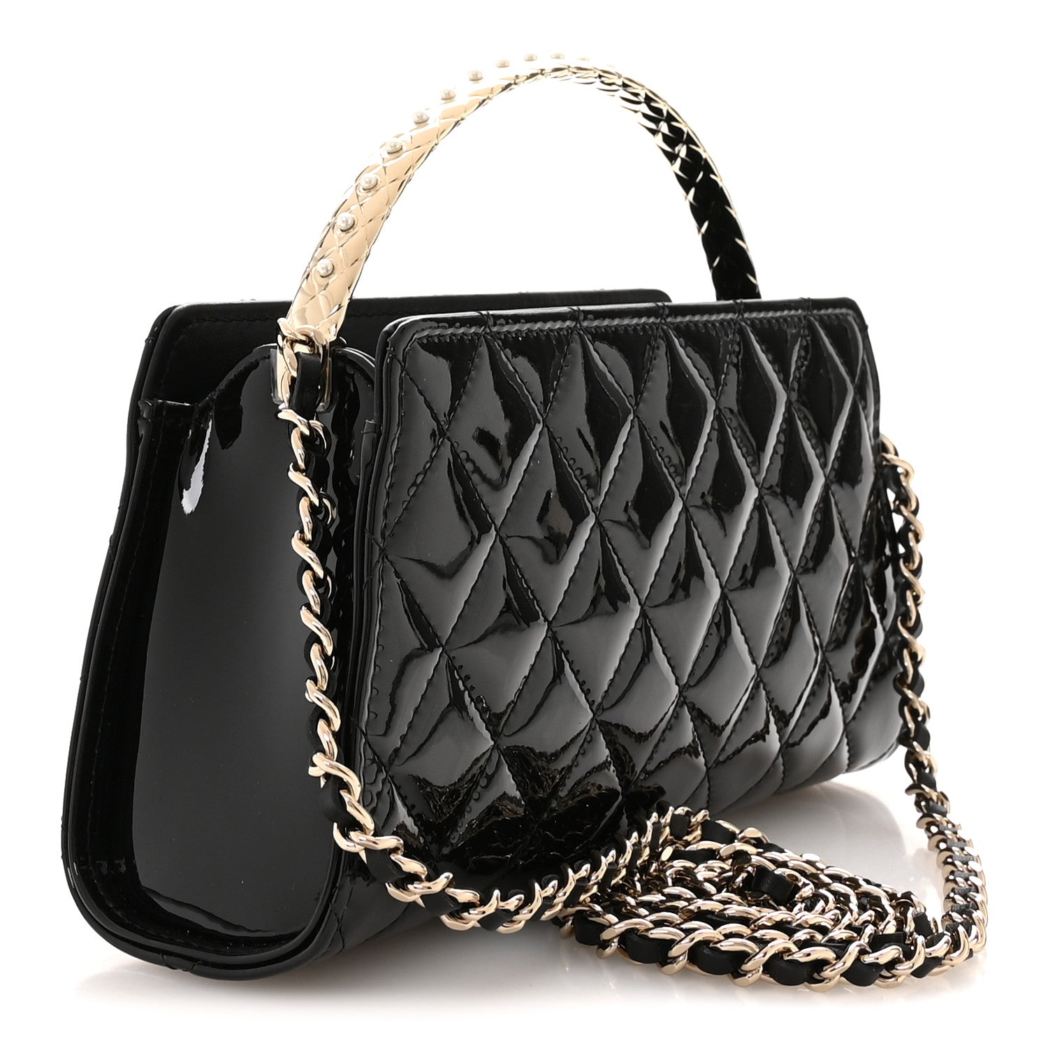 Patent Calfskin Quilted Pearl Clutch With Chain Black