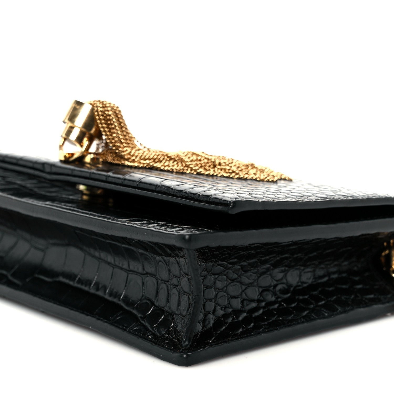 Calfskin Crocodile Embossed Kate Monogram Tassel Chain Wallet Black