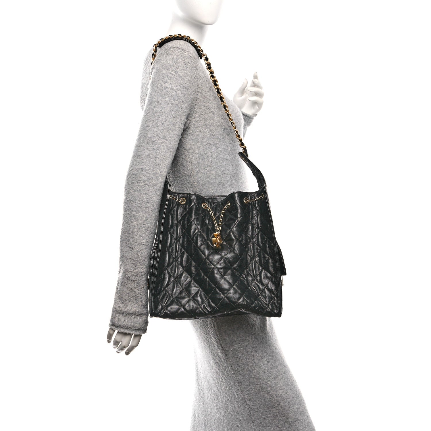 Shiny Crumpled Calfskin Quilted Medium Chanel 25 Handbag  Black