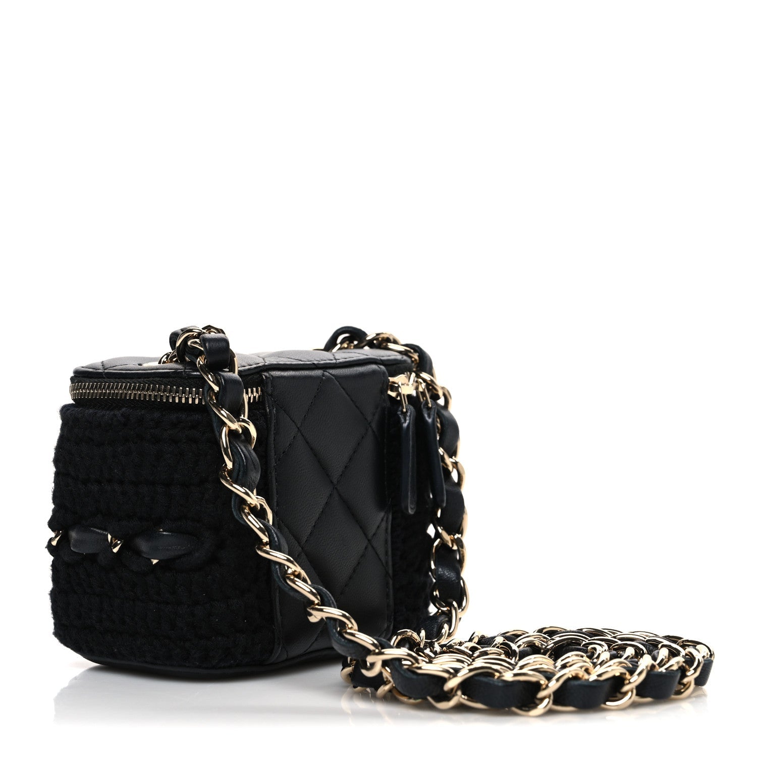 Lambskin Crochet Quilted Mini Vanity Case With Chain Black
