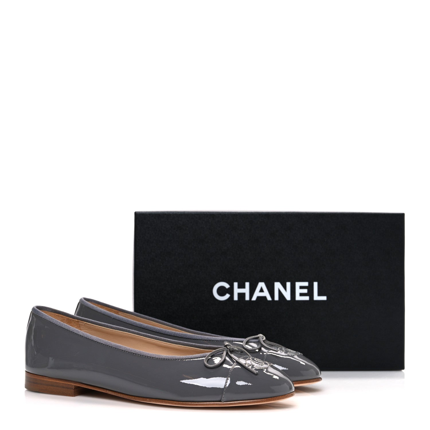 Patent Calfskin CC Cap Toe Ballerina Flats 39.5 Dark Grey