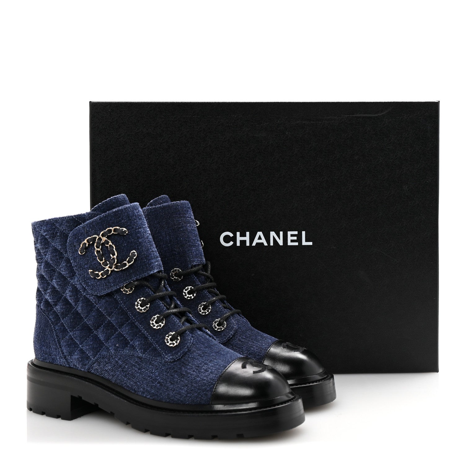 Shiny Calfskin Velvet Quilted Lace Up Combat Boots 38.5 Blue Black