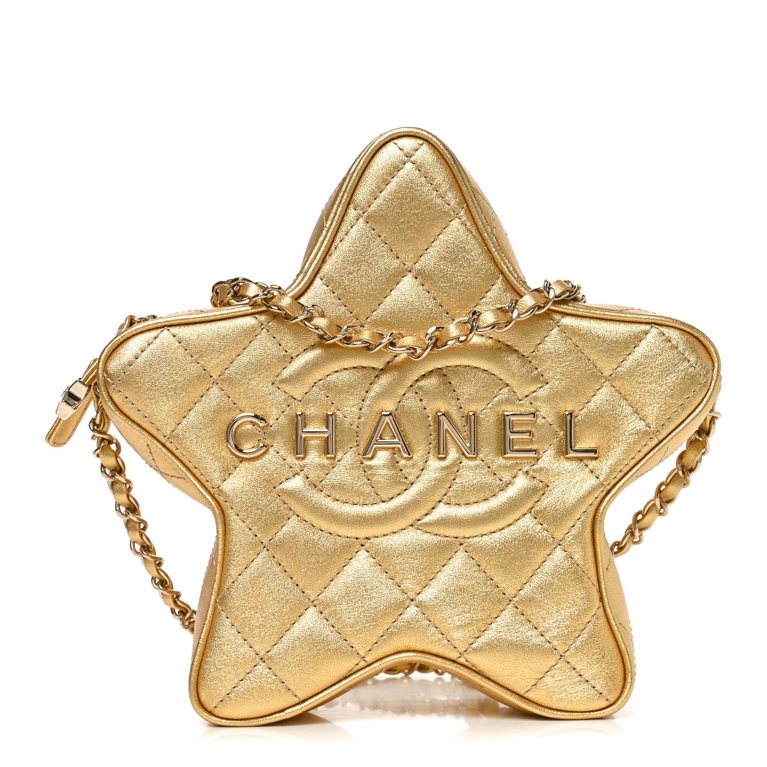 Metallic Lambskin Quilted Walk Of Fame Star Bag Gold