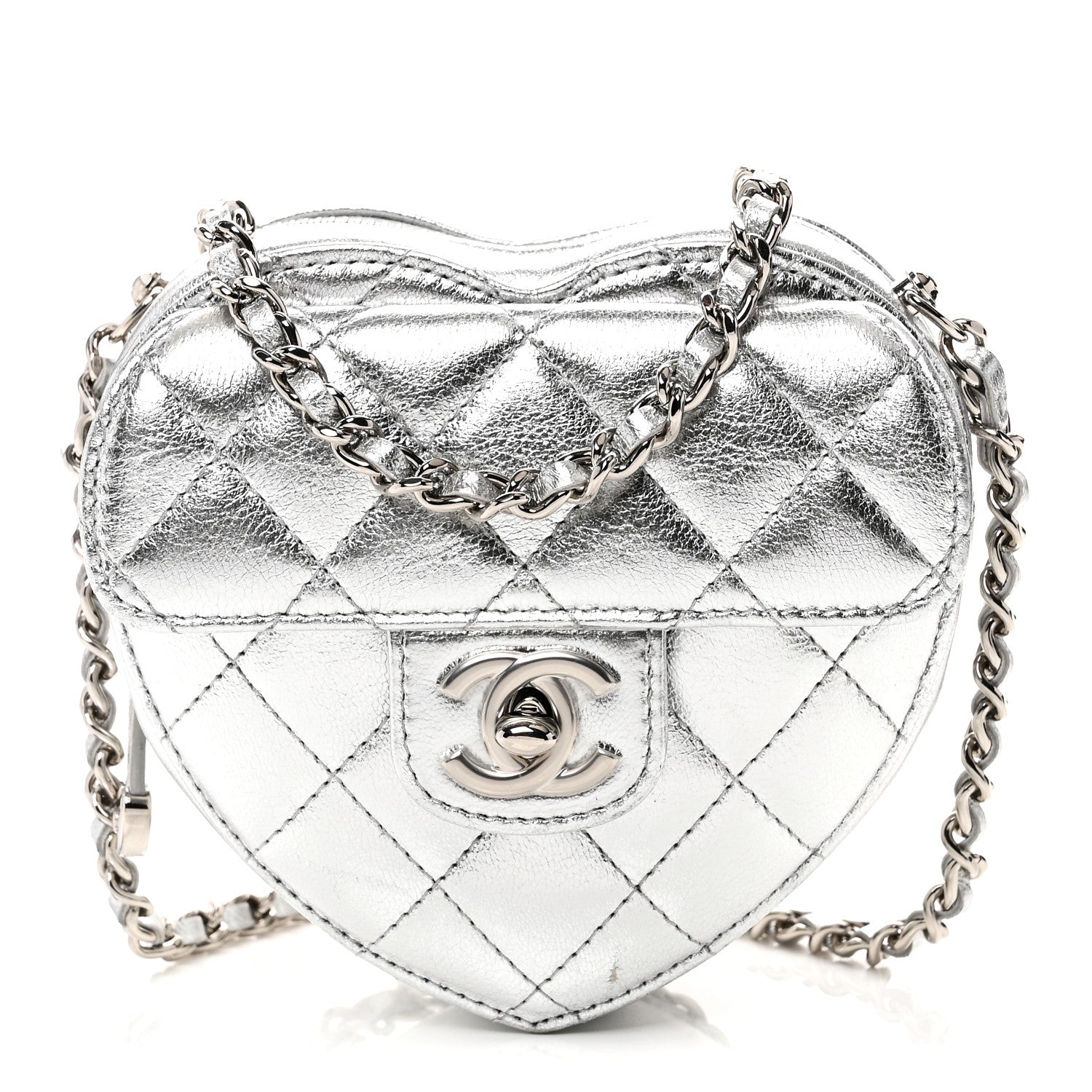 Metallic Lambskin Quilted CC In Love Heart Clutch With Chain Silver