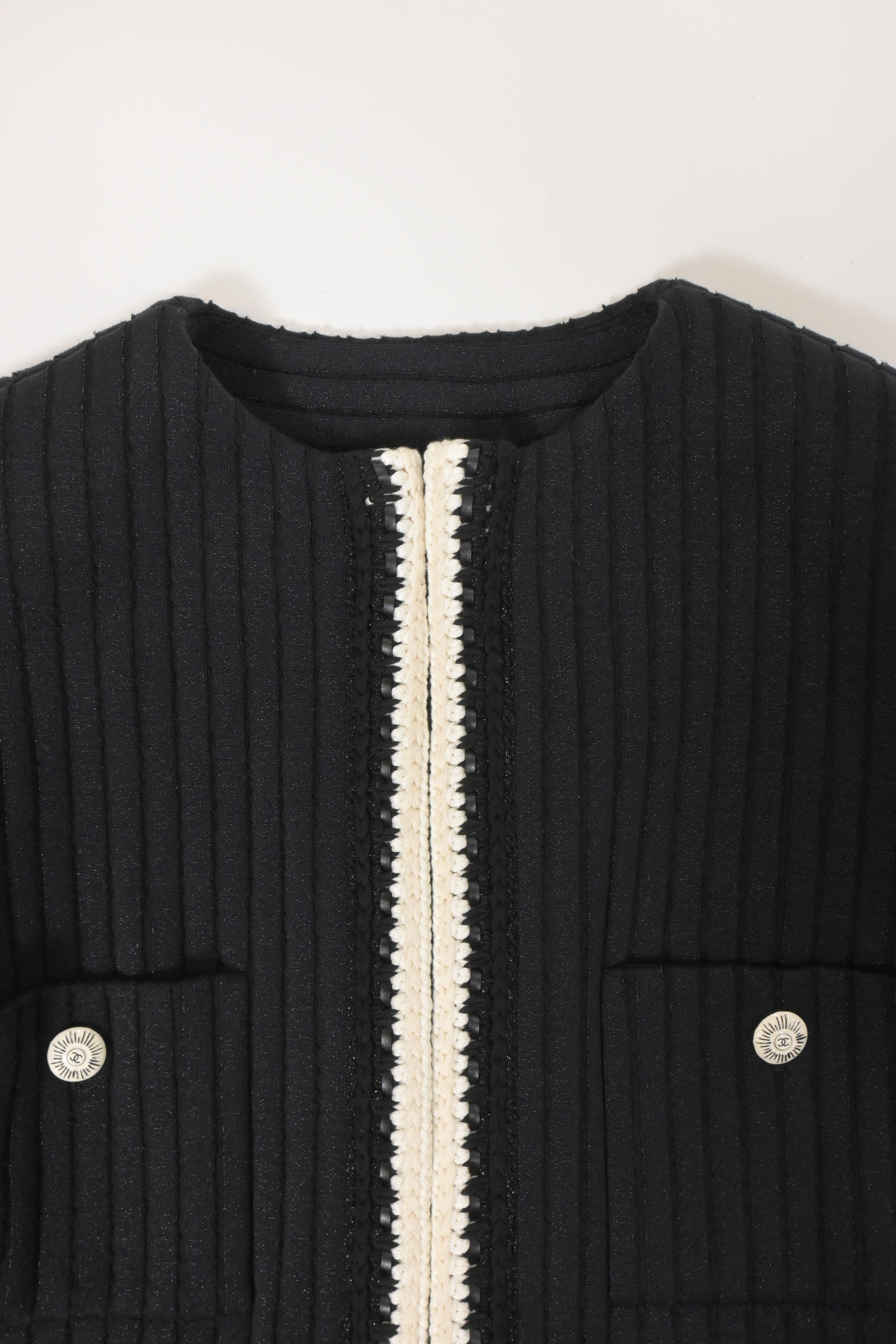 Women's Chanel Cruise 2022 Knitted Collarless Jacket with Pockets in Black Polyamide