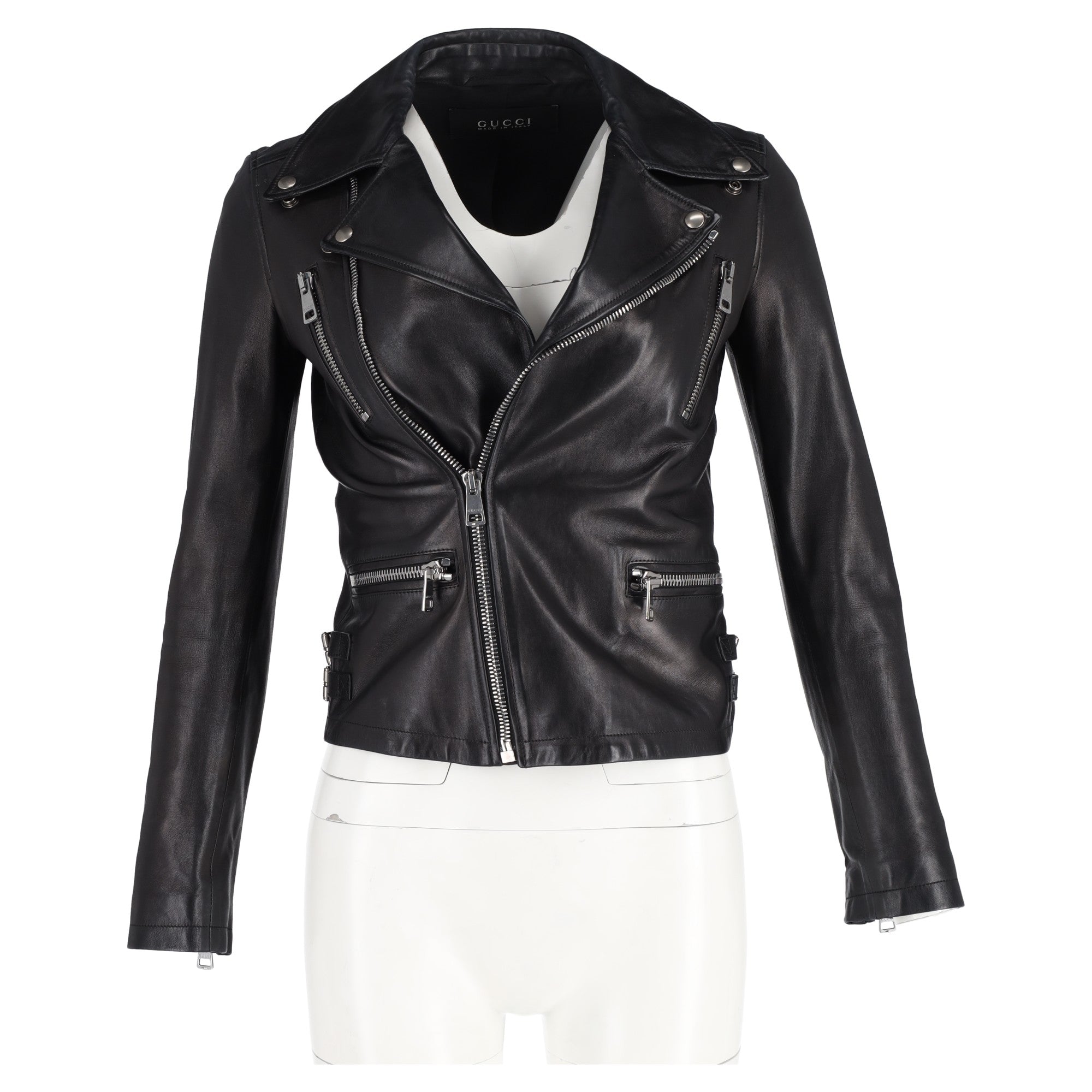 Women's Gucci Bird-Embroidered Biker Jacket in Black Leather