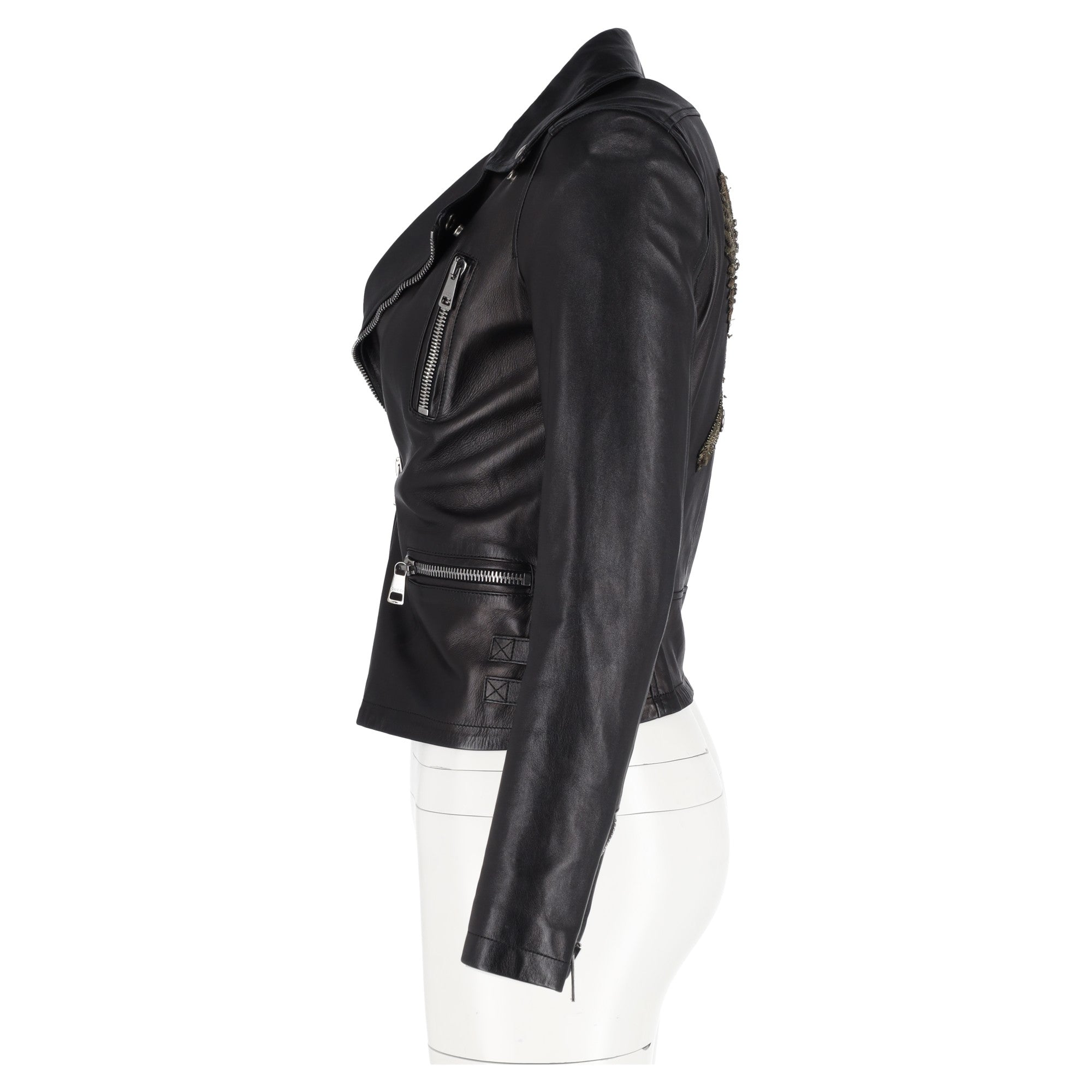 Women's Gucci Bird-Embroidered Biker Jacket in Black Leather