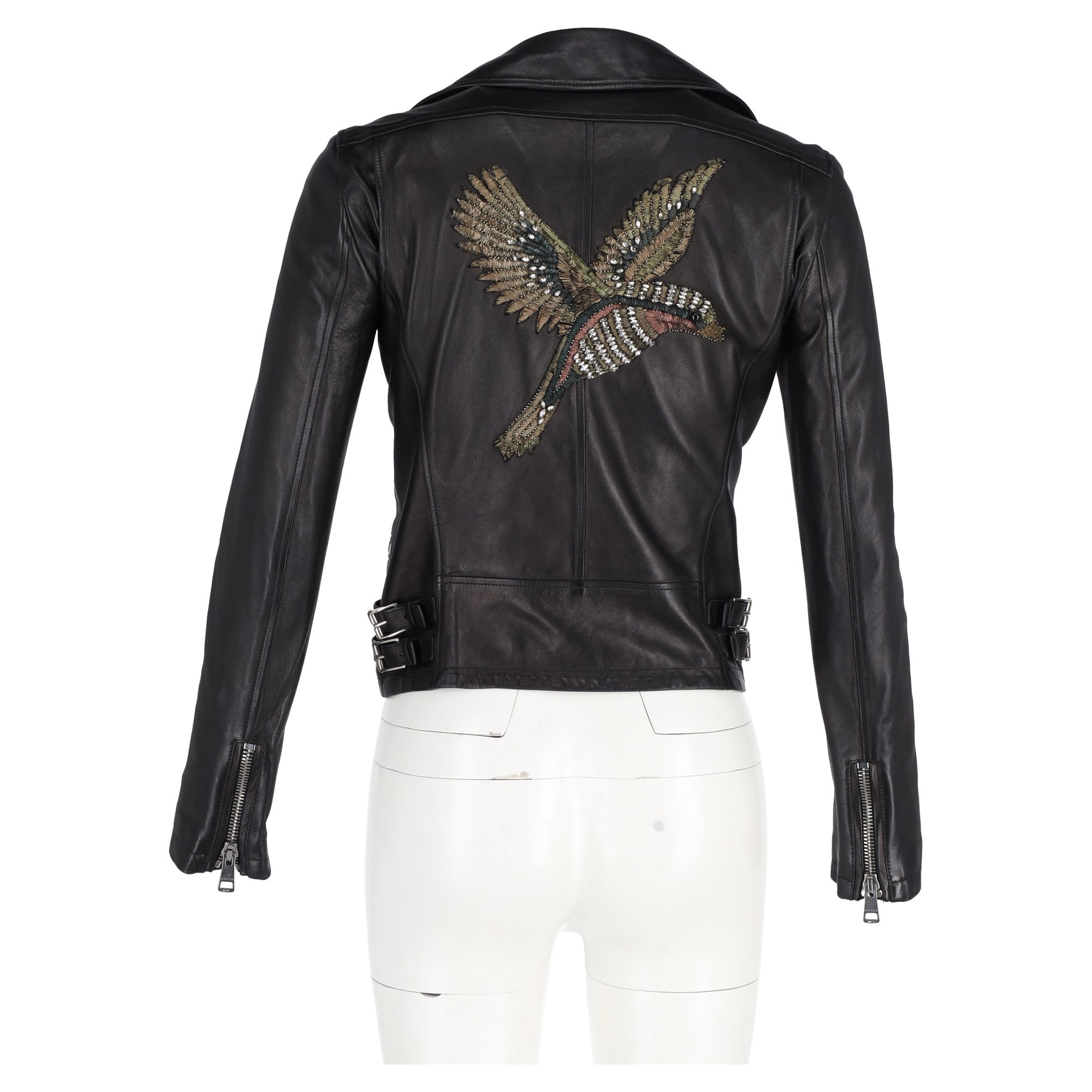 Women's Gucci Bird-Embroidered Biker Jacket in Black Leather