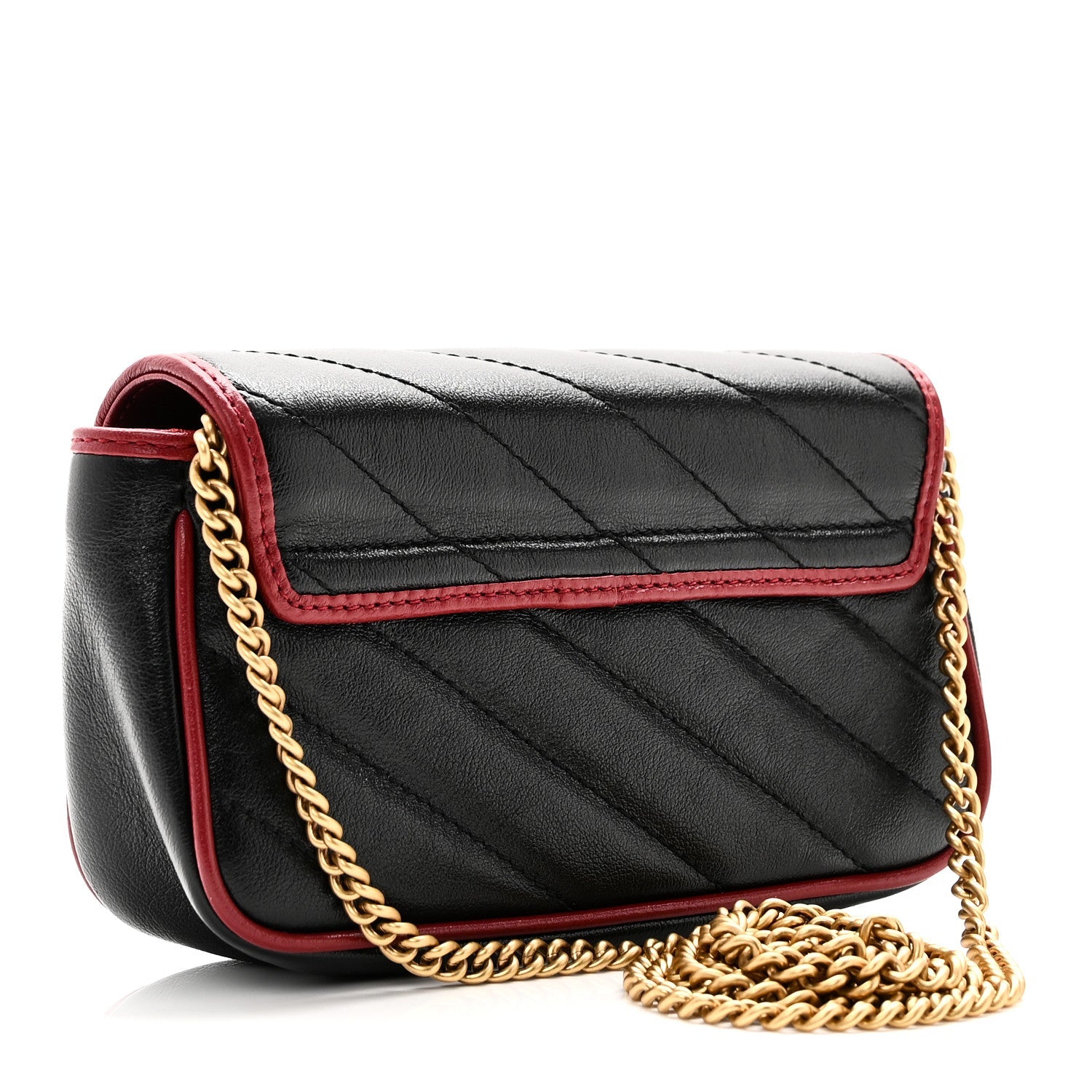 Vintage Effect Calfskin Matelasse Diagonal Super Mini Torchon GG Marmont Shoulder Bag Black Romantic Cherry