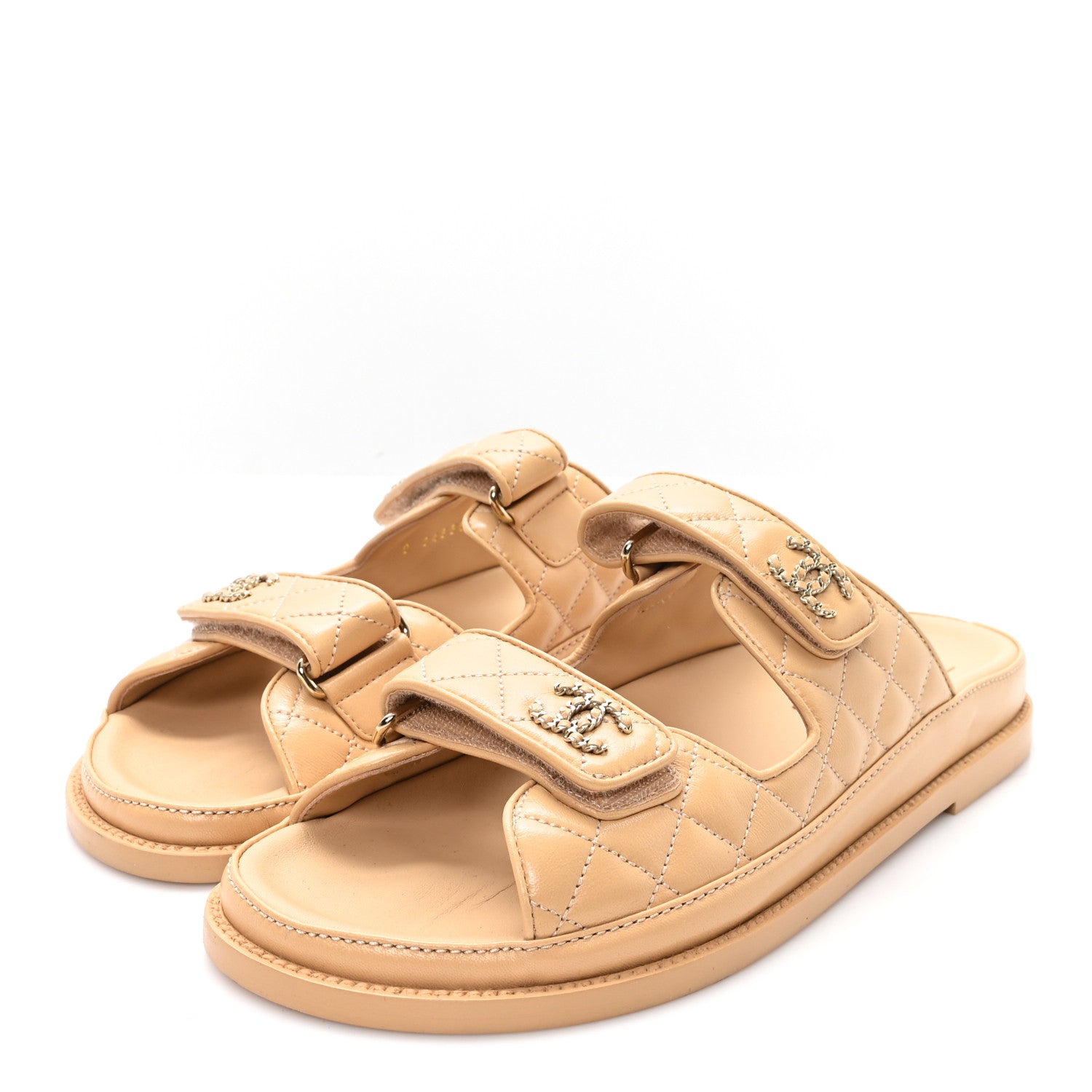 Lambskin Quilted Velcro Dad Chain CC Slide Sandals 40 Beige