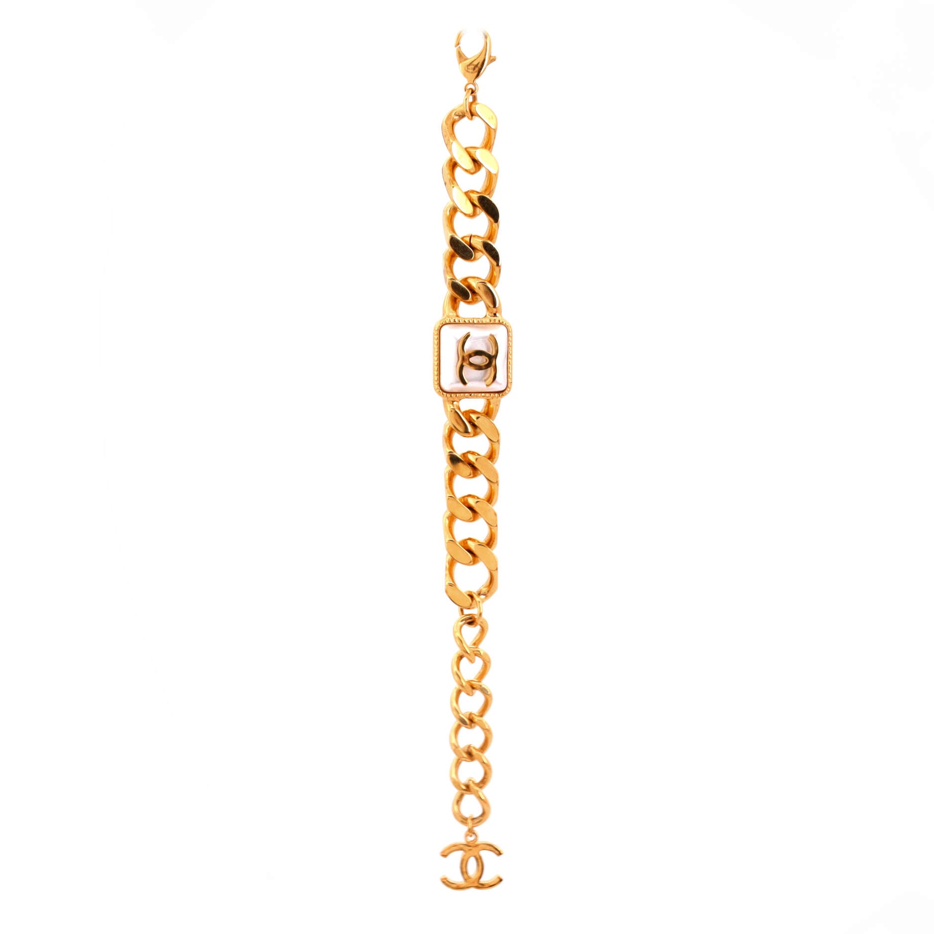 Square CC Plate Chunky Chain Bracelet Metal with Faux Pearl