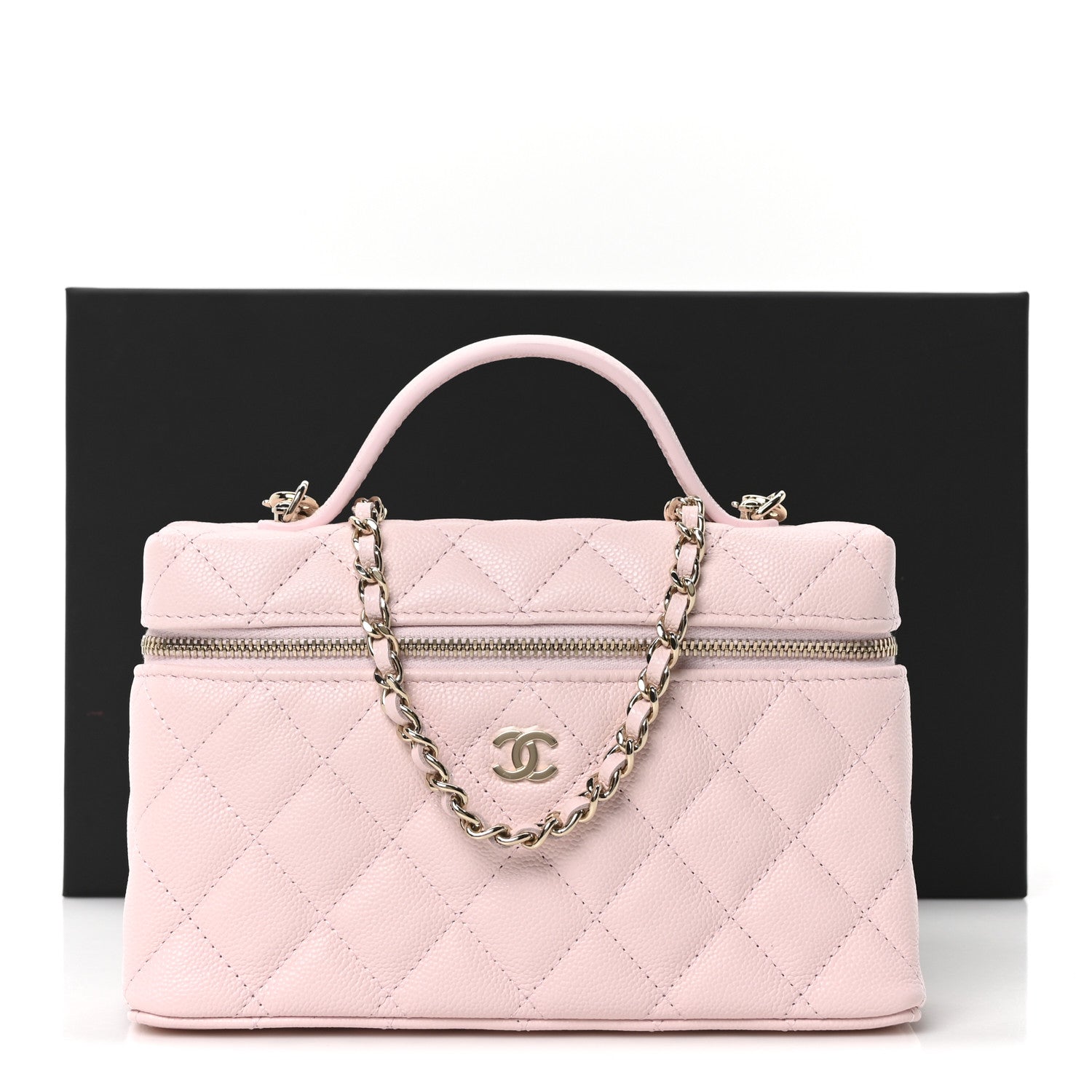 Caviar Quilted Top Handle Slim Vanity With Chain Light Pink