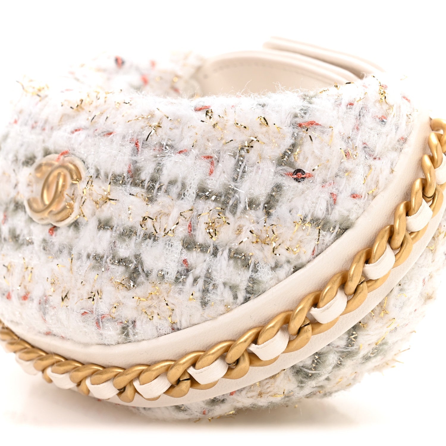 Wool Tweed Quilted Chain Around Mini Pouch Ecru Khaki Gold Red