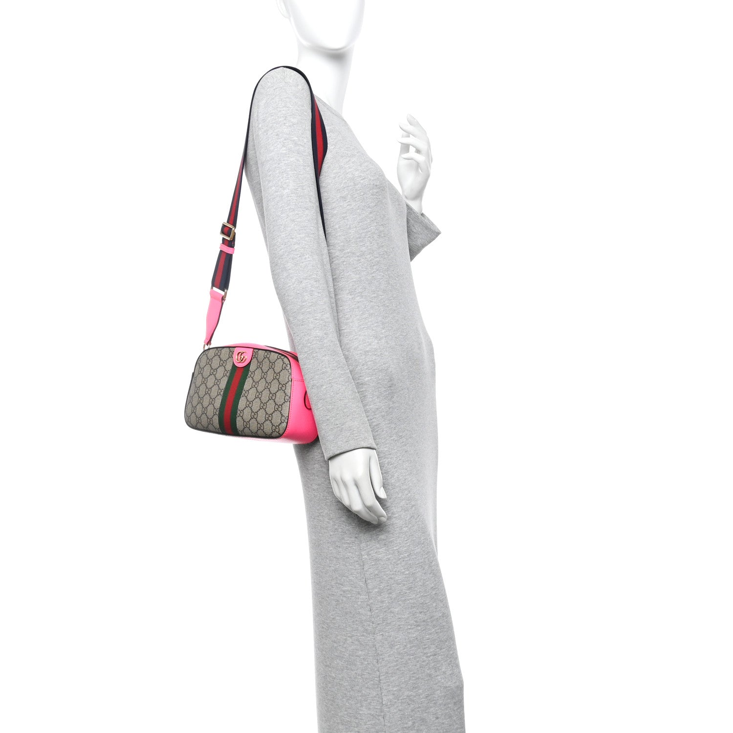 GG Supreme Monogram Textured Dollar Calfskin Web Ophidia Small Crossbody Bag Beige Ebony Fuchsia