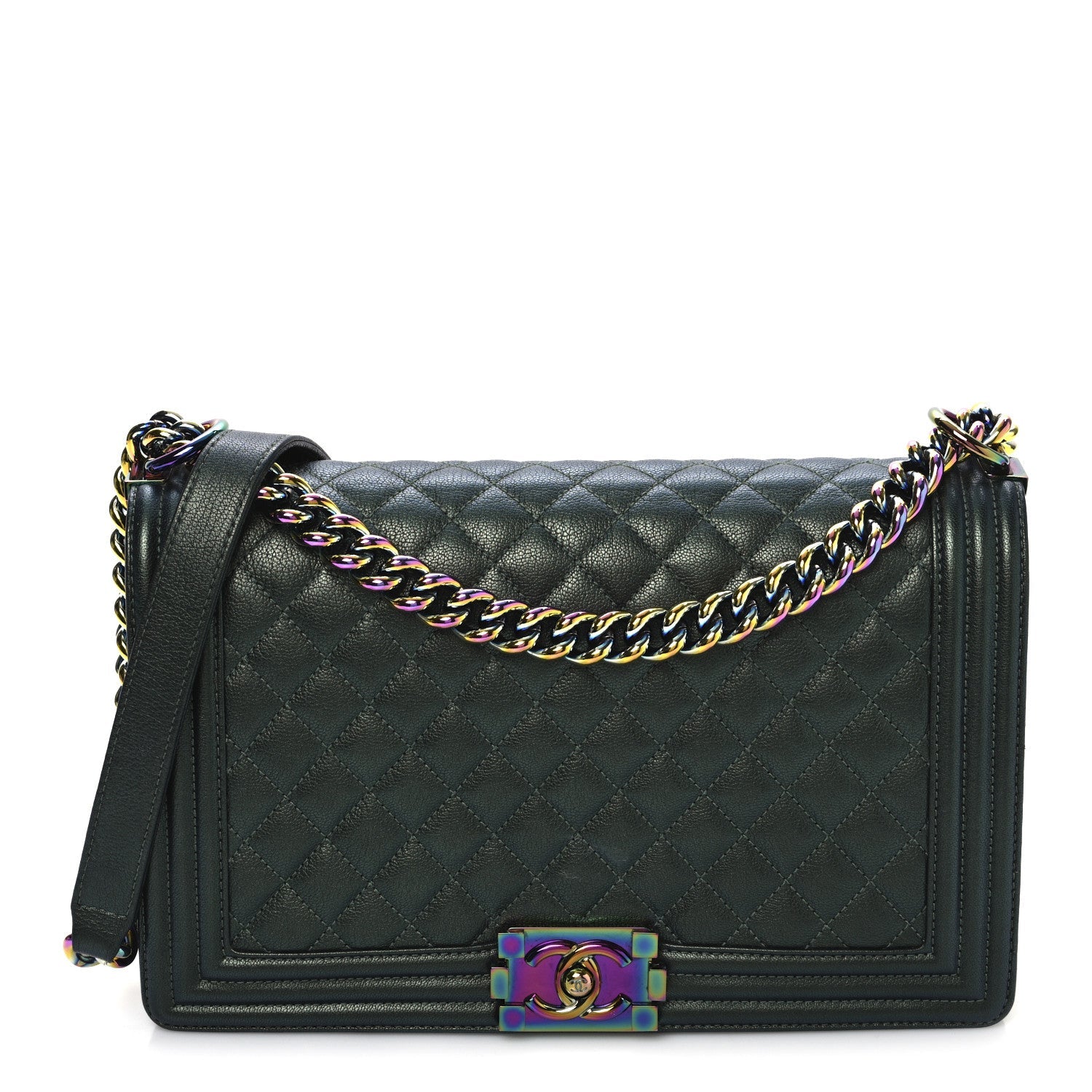 Iridescent Goatskin Quilted New Medium Boy Flap Green