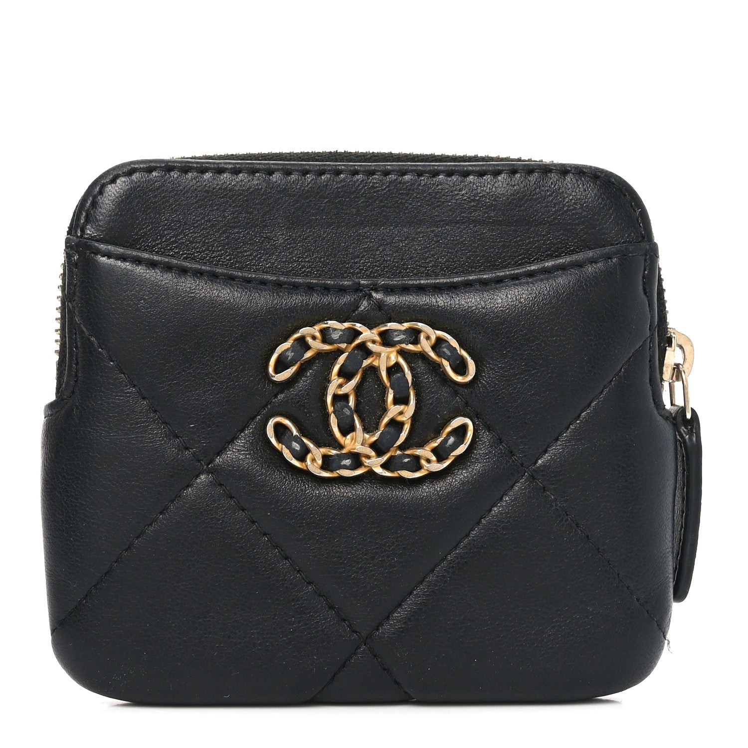 Lambskin Quilted Chanel 19 Zip Card Holder Wallet Black