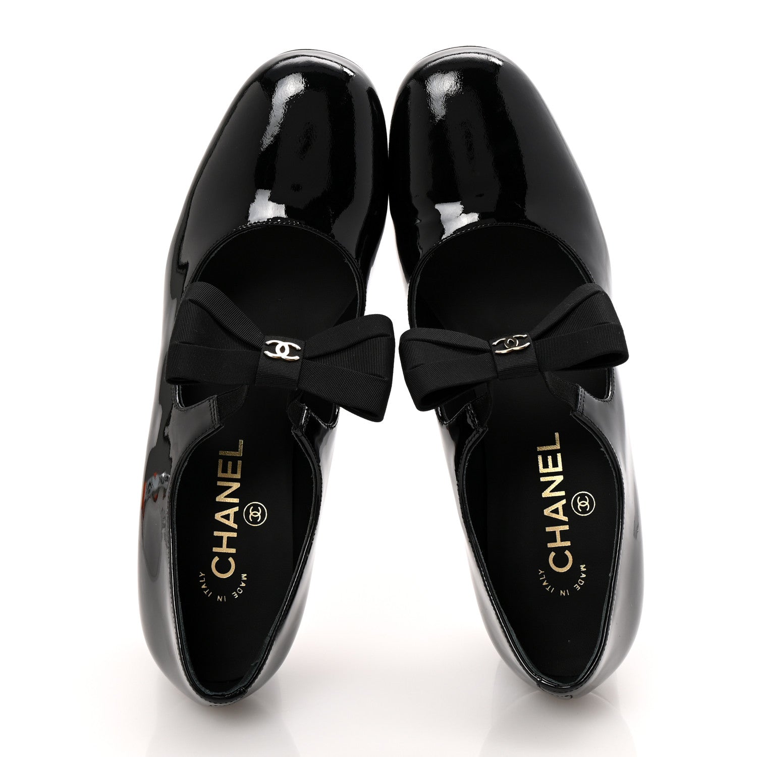 Patent Calfskin Grosgrain CC Mary Jane Pumps 39.5 Black