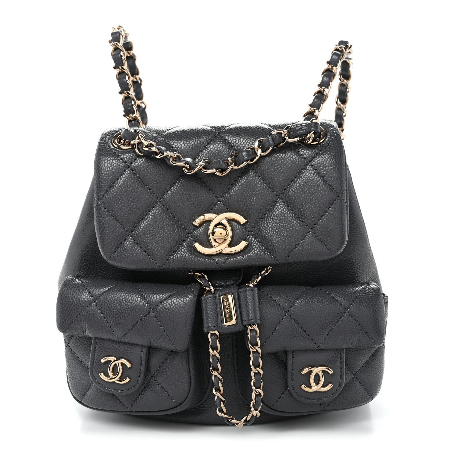 Shiny Caviar Quilted Small Duma Pockets Drawstring Backpack Grey