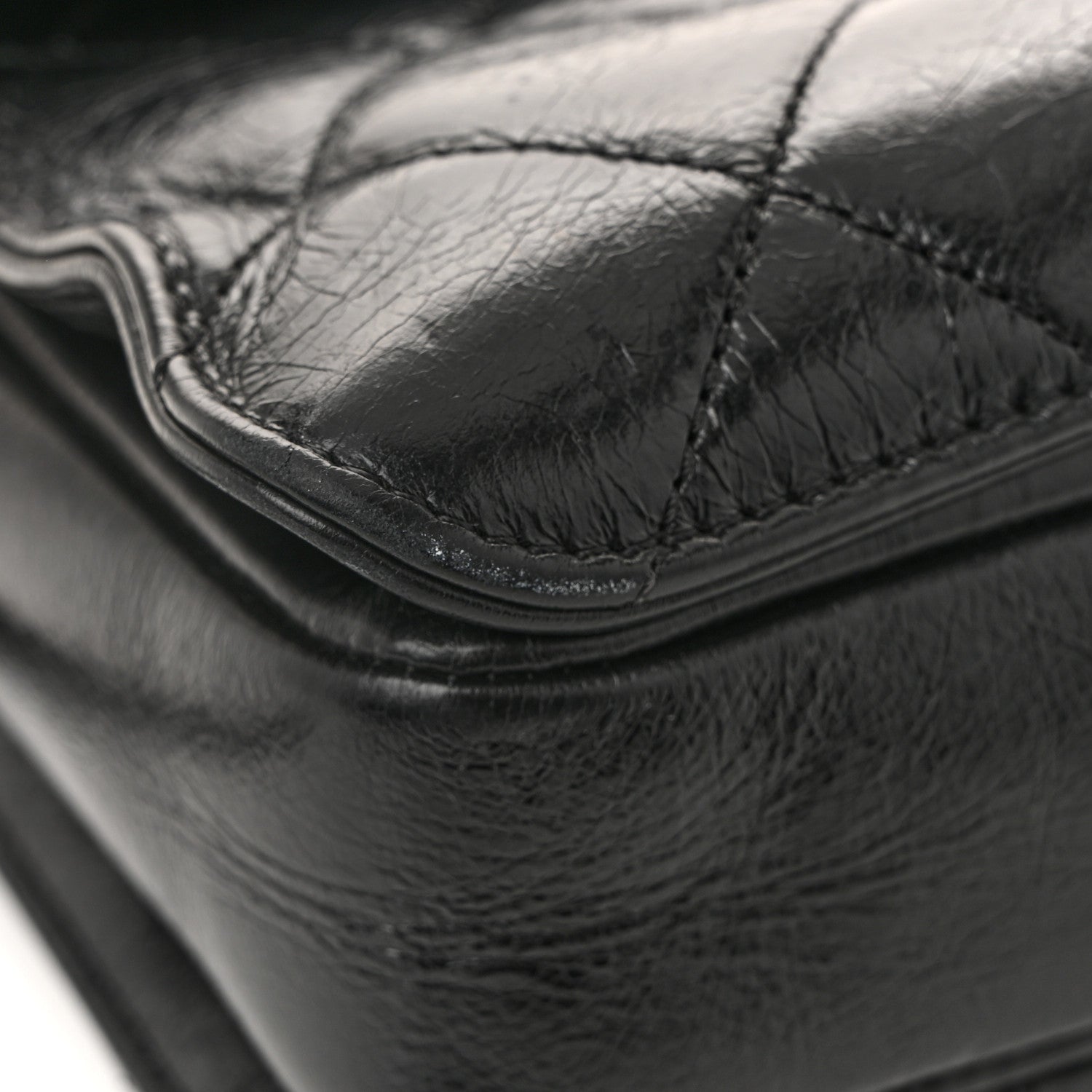 Glazed Calfskin Quilted Large Perfect Edge Flap Black