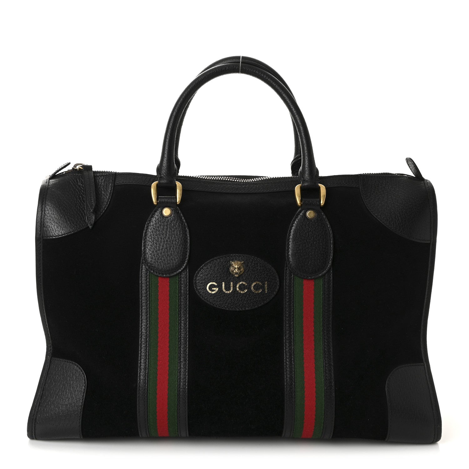Suede Daino Textured Dollar Calfskin Web Medium Duffle Bag Black
