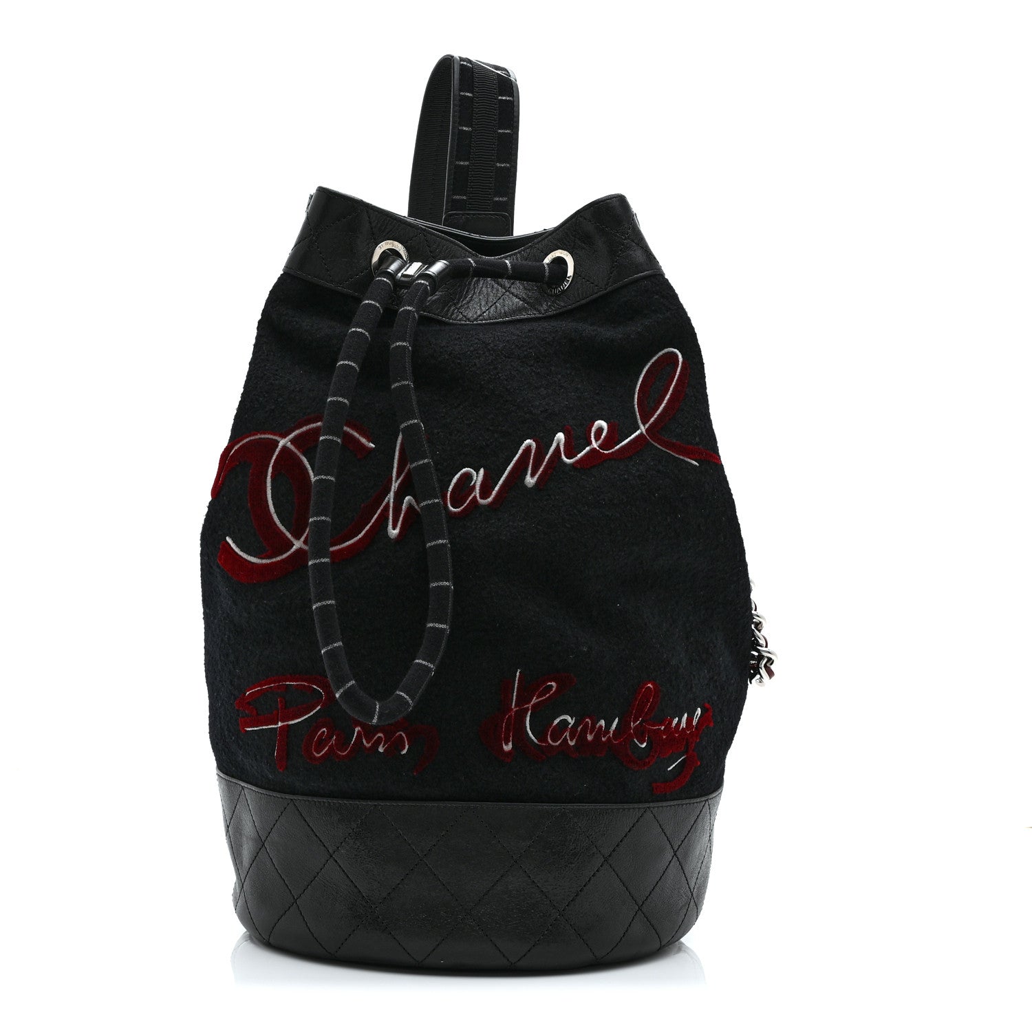 Wool Calfskin Embroidered Paris Hamburg Drawstring Backpack Black