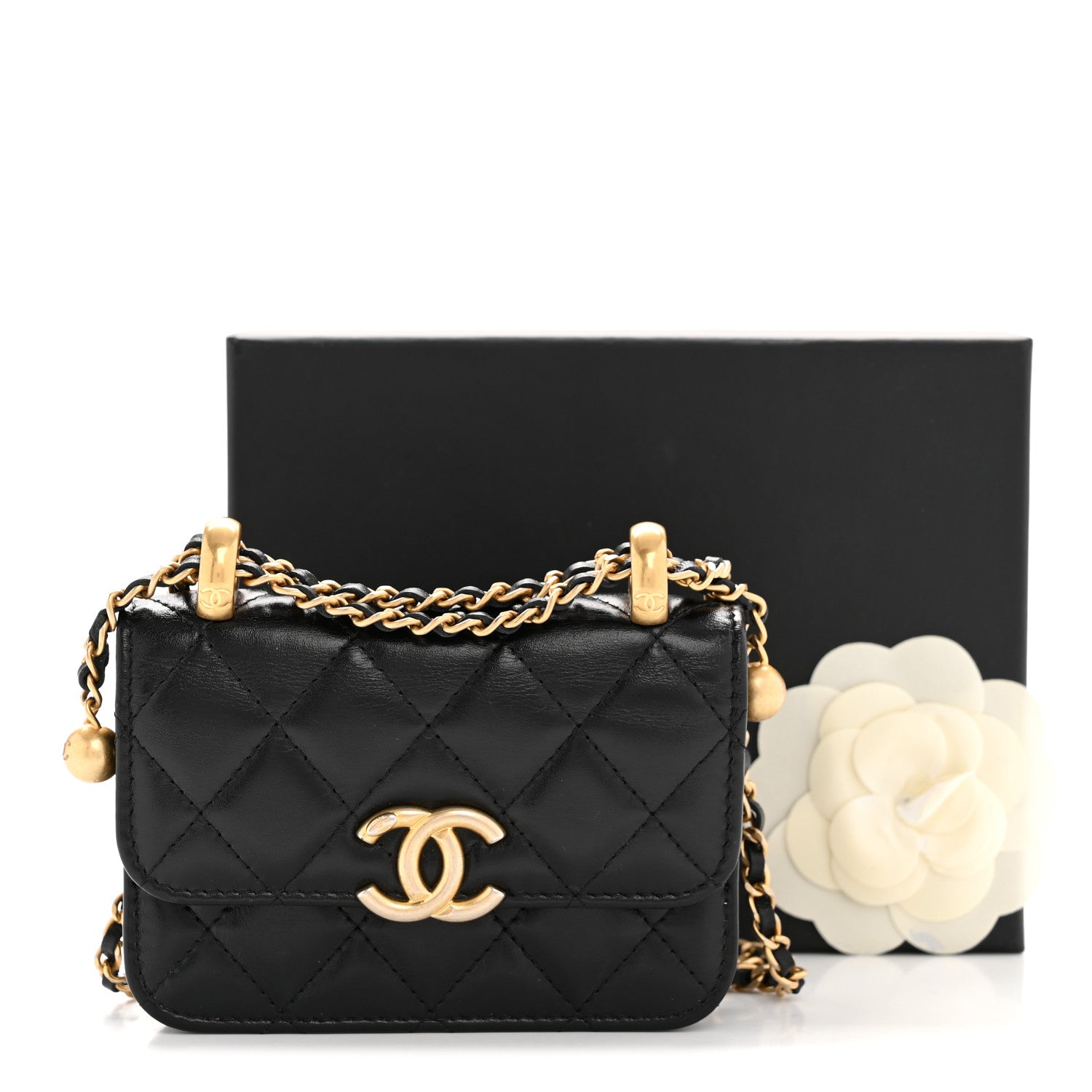 Calfskin Quilted Perfect Fit Coin Purse With Chain Black