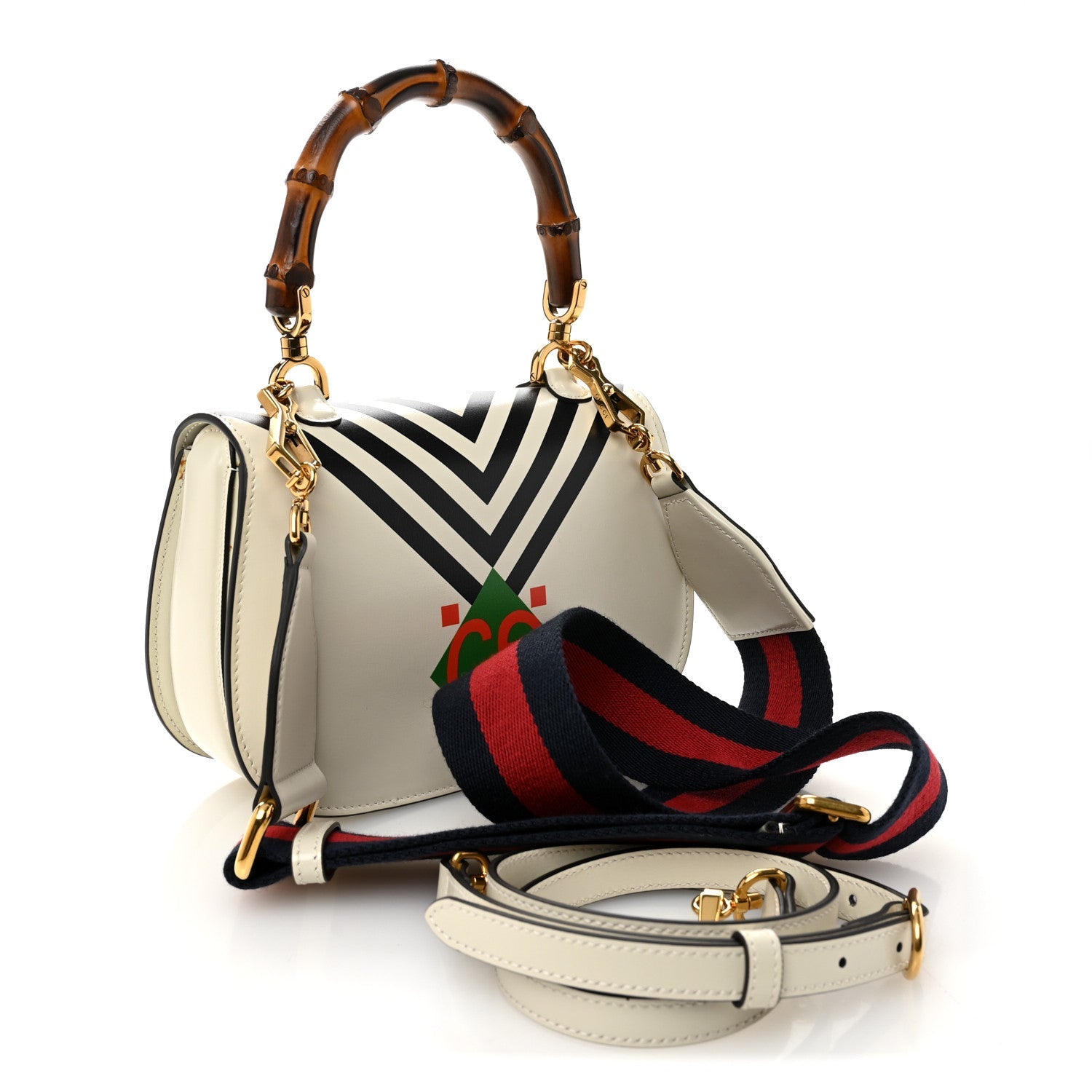 Calfskin Web Geometric Print Small Bamboo 1947 Top Handle Bag White Multicolor