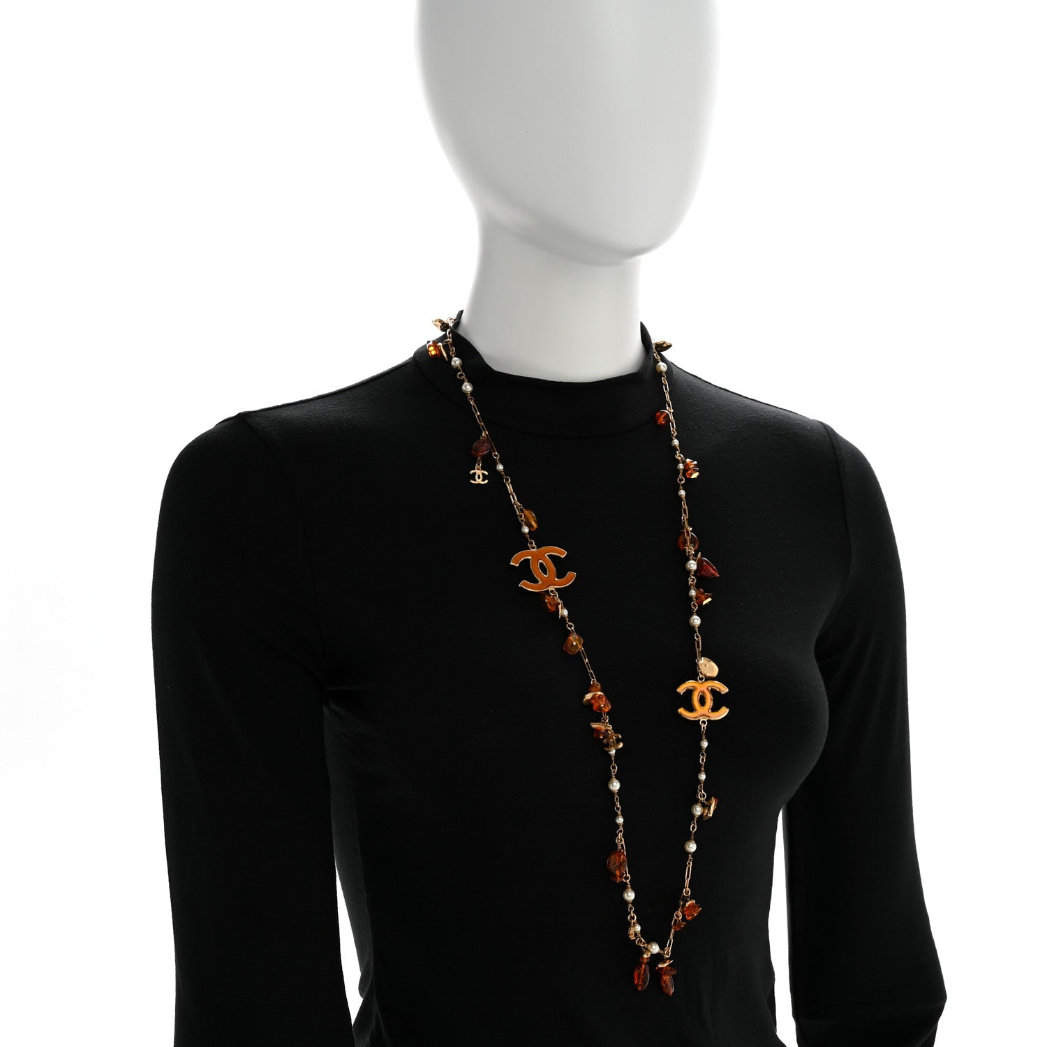 Pearl Amber CC Long Necklace Gold