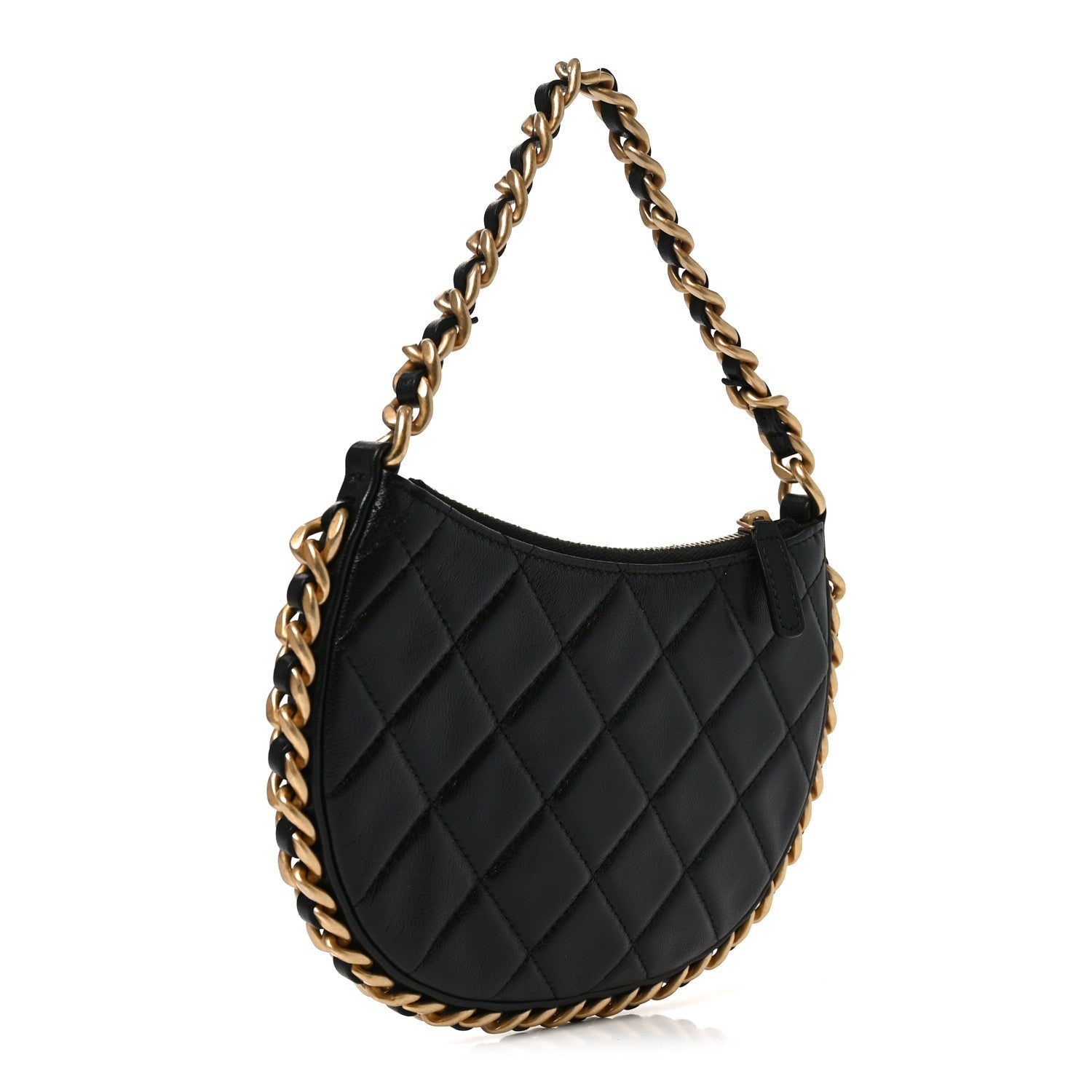 Shiny Crumbled Lambskin Quilted Round Small CC Hobo Black