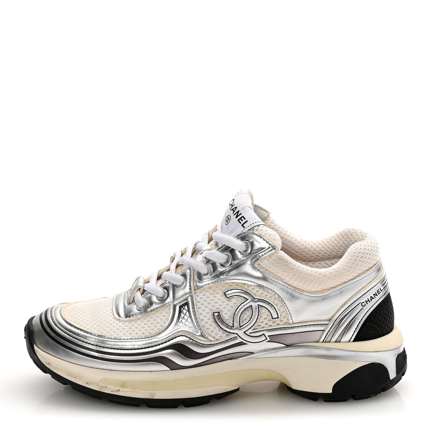 Fabric Laminated Calfskin Stretch CC Sneakers 37 White Silver