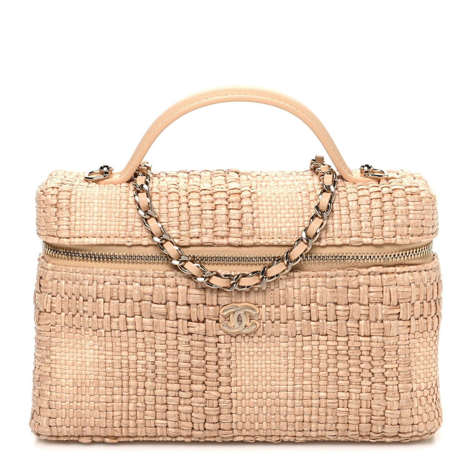 Braided Raffia Quilted Top Handle Slim Vanity Case With Chain Beige