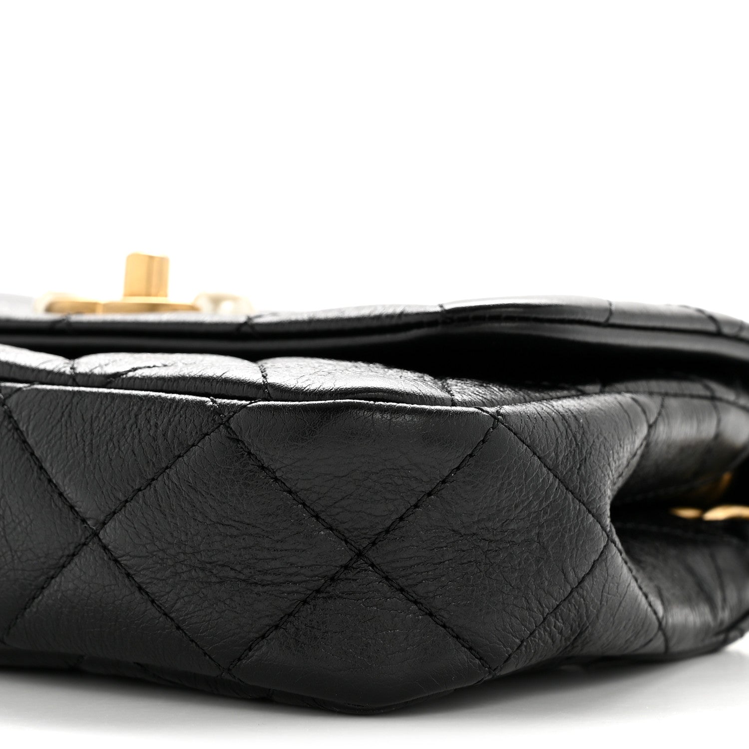 Glazed Calfskin Quilted Mini Pearl Side Flap Black