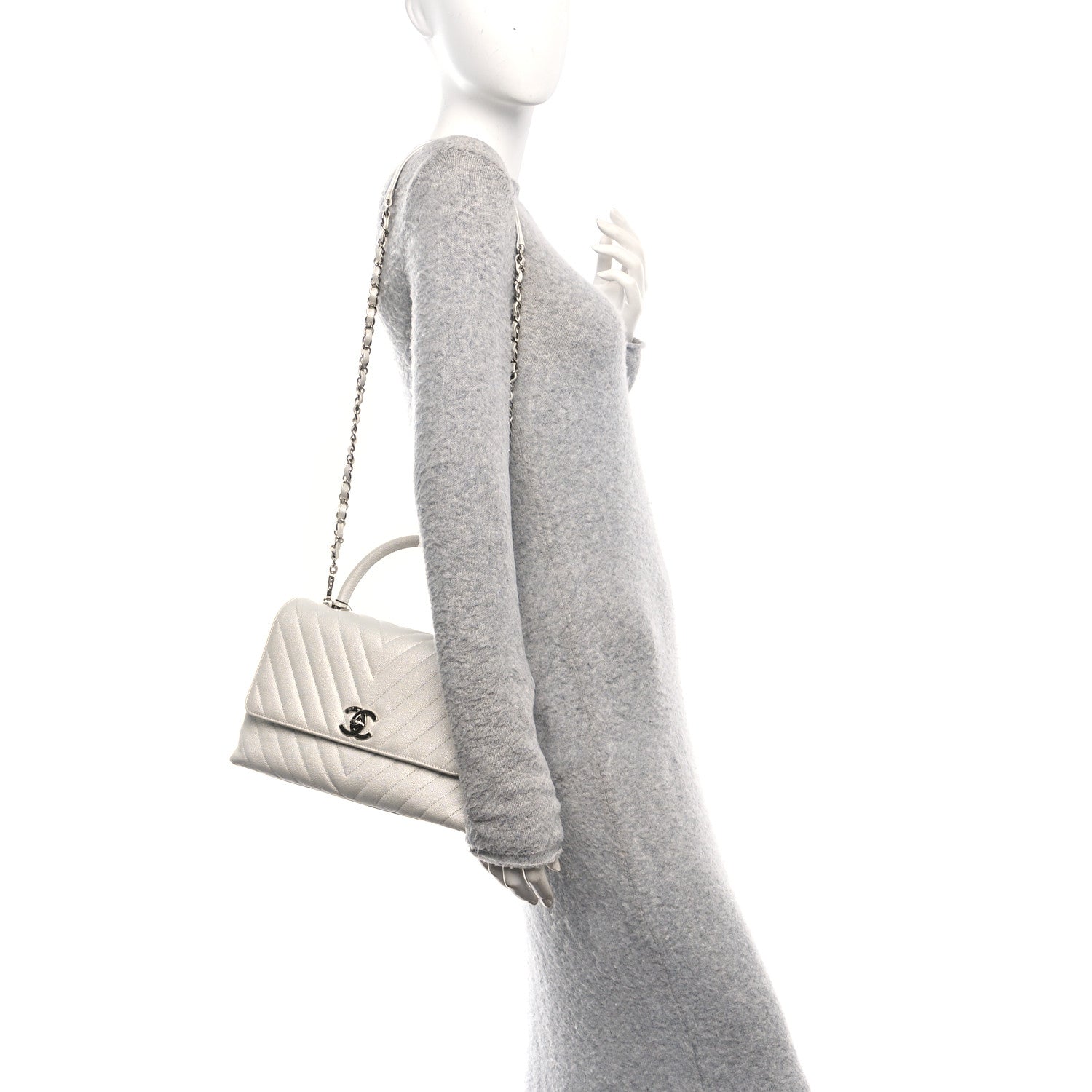 Iridescent Caviar Chevron Quilted Small Coco Handle Flap White