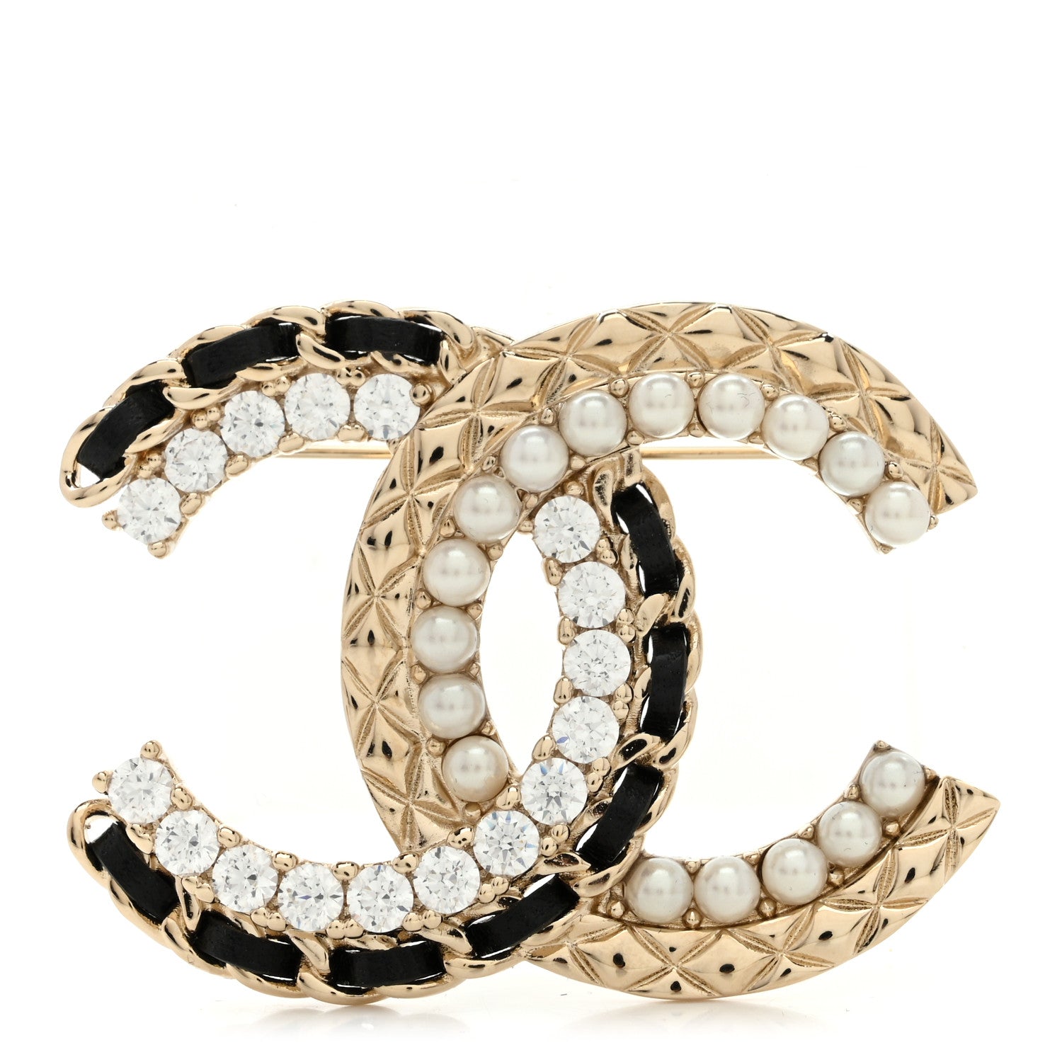 Lambskin Pearl Crystal Quilted CC Brooch Black Gold