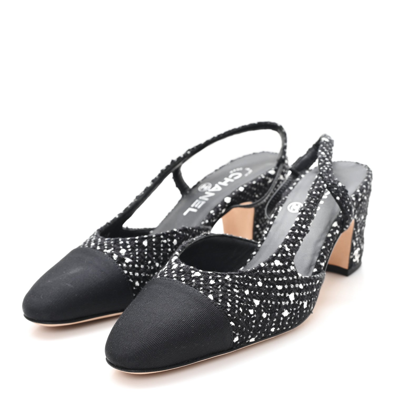 Tweed Polkadot Grosgrain Cap Toe CC Slingback Pumps 36 Black White Silver