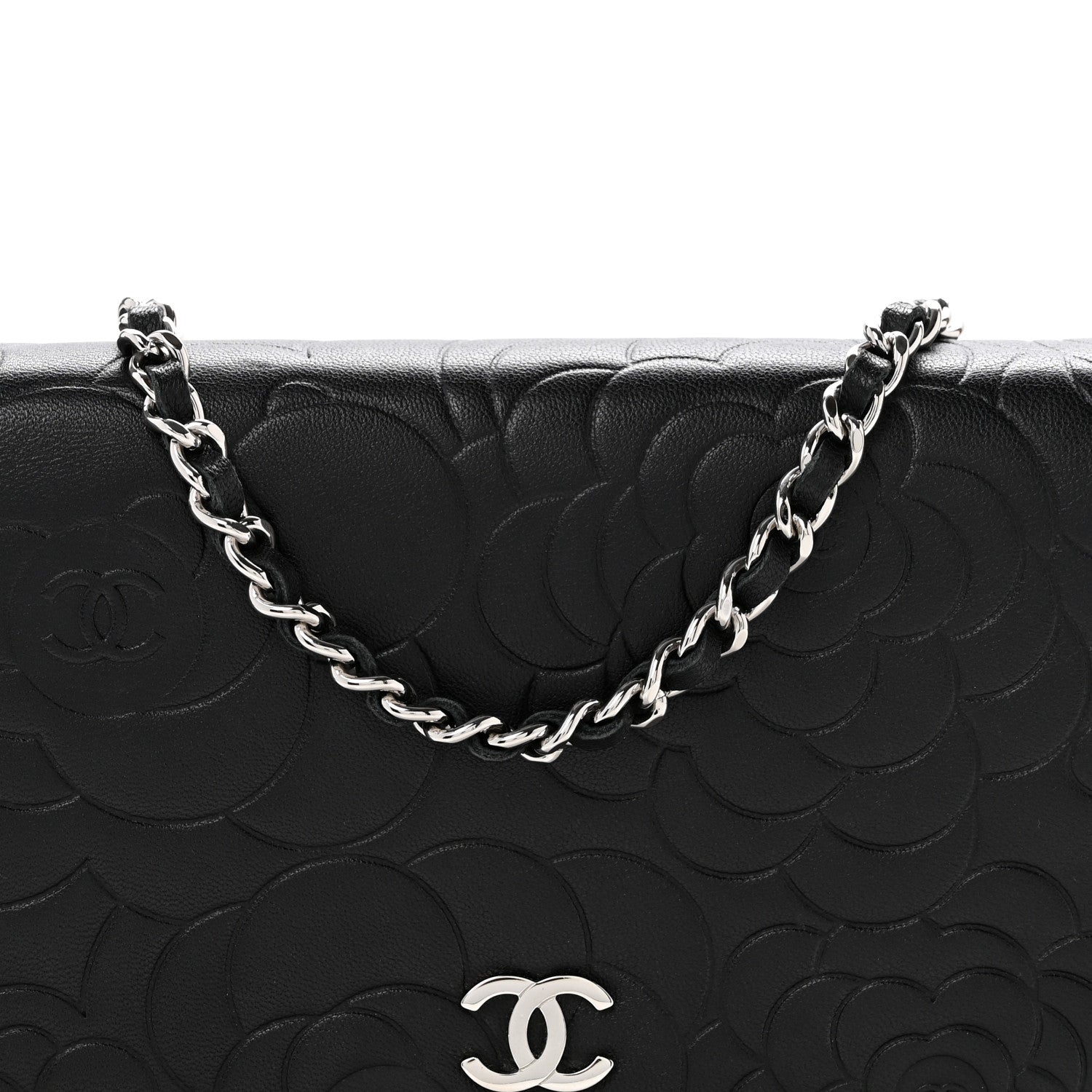 Lambskin Camellia Embossed Wallet On Chain WOC Black