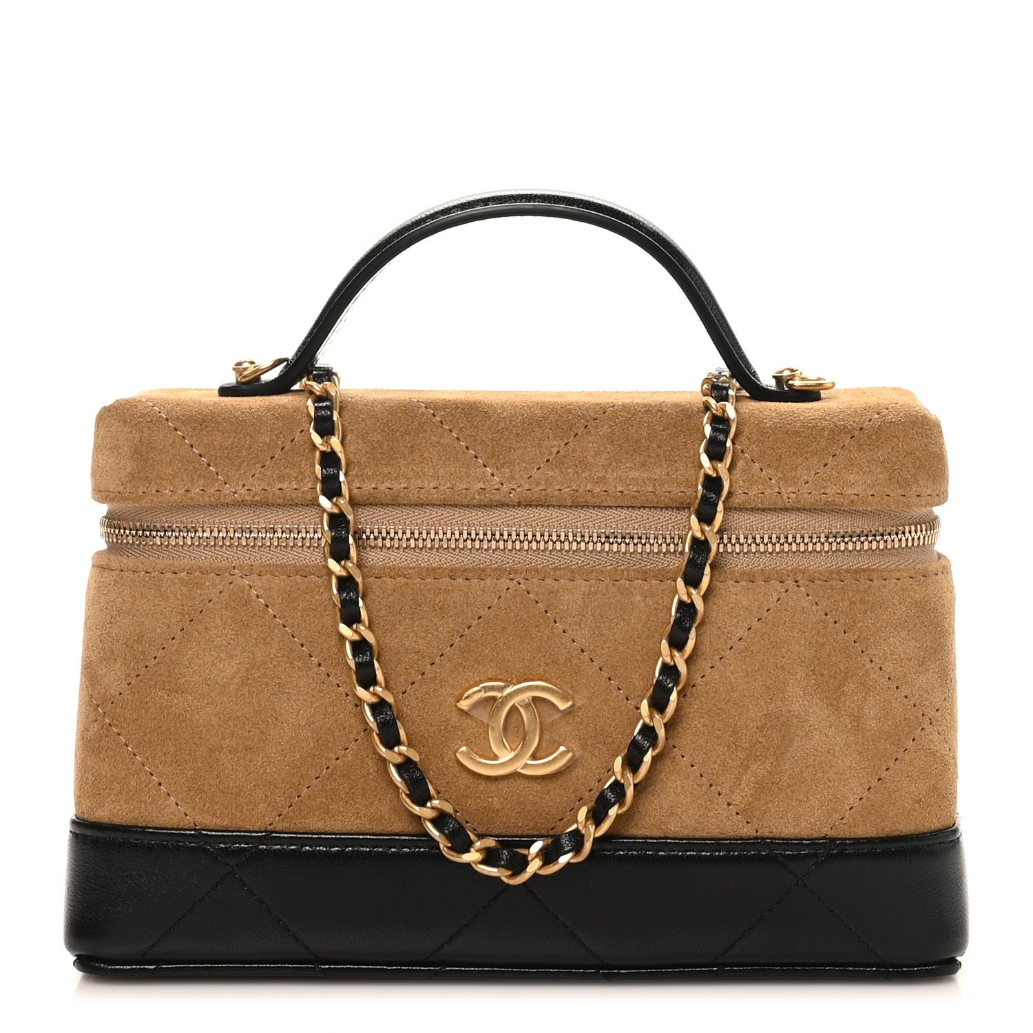 Suede Calfskin Shiny Lambskin Quilted Top Handle Slim Vanity Case With Chain Beige Black