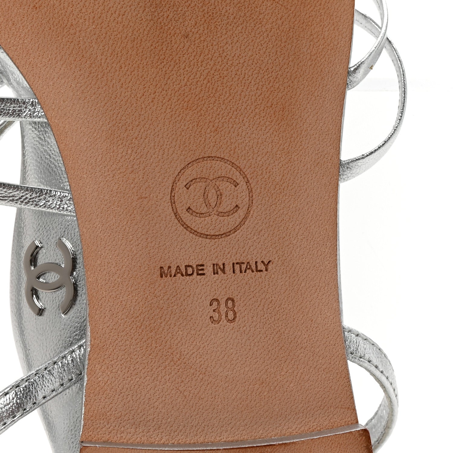 Laminated Lambskin CC Sandals 38 Silver