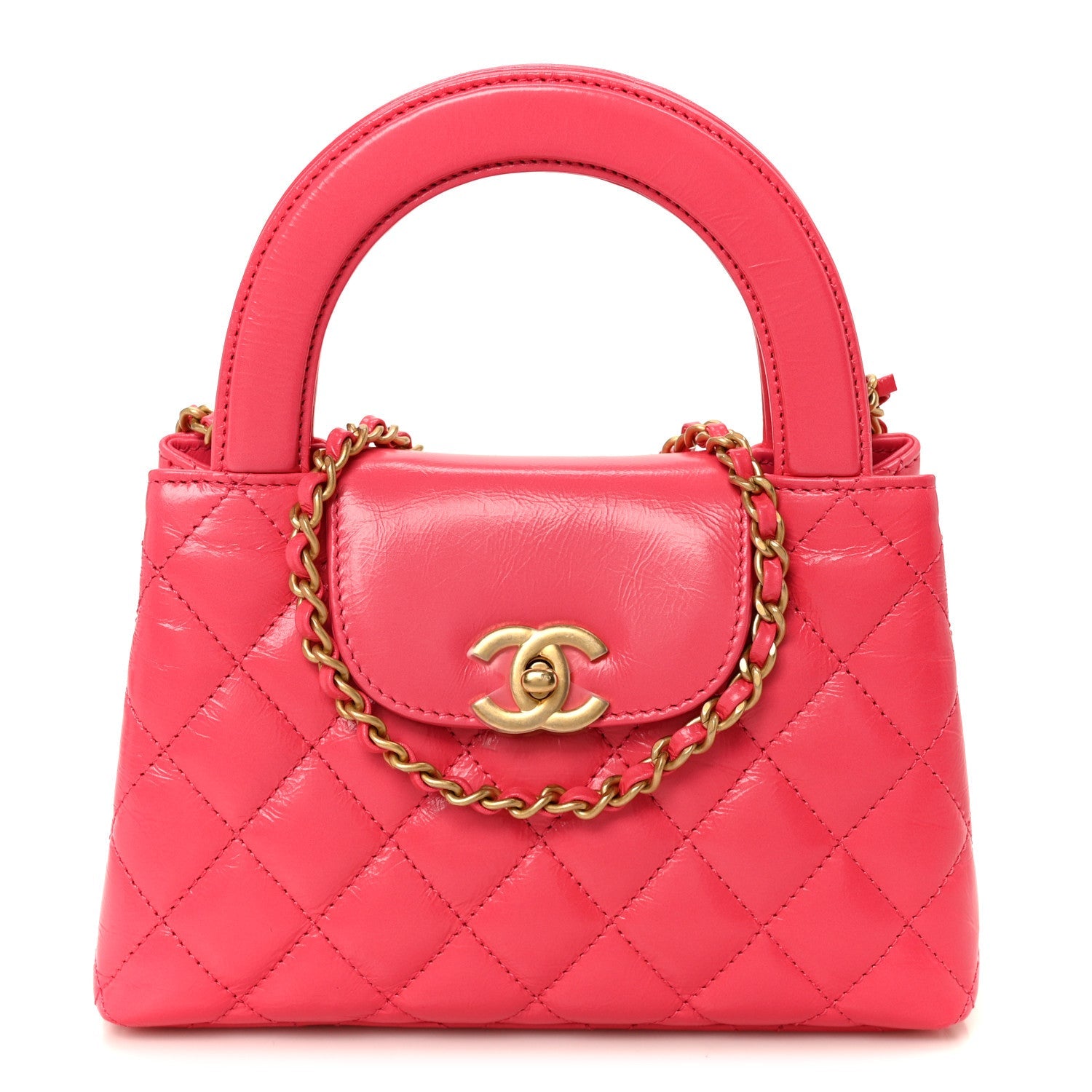 Shiny Aged Calfskin Quilted Nano Kelly Shopper Fuchsia