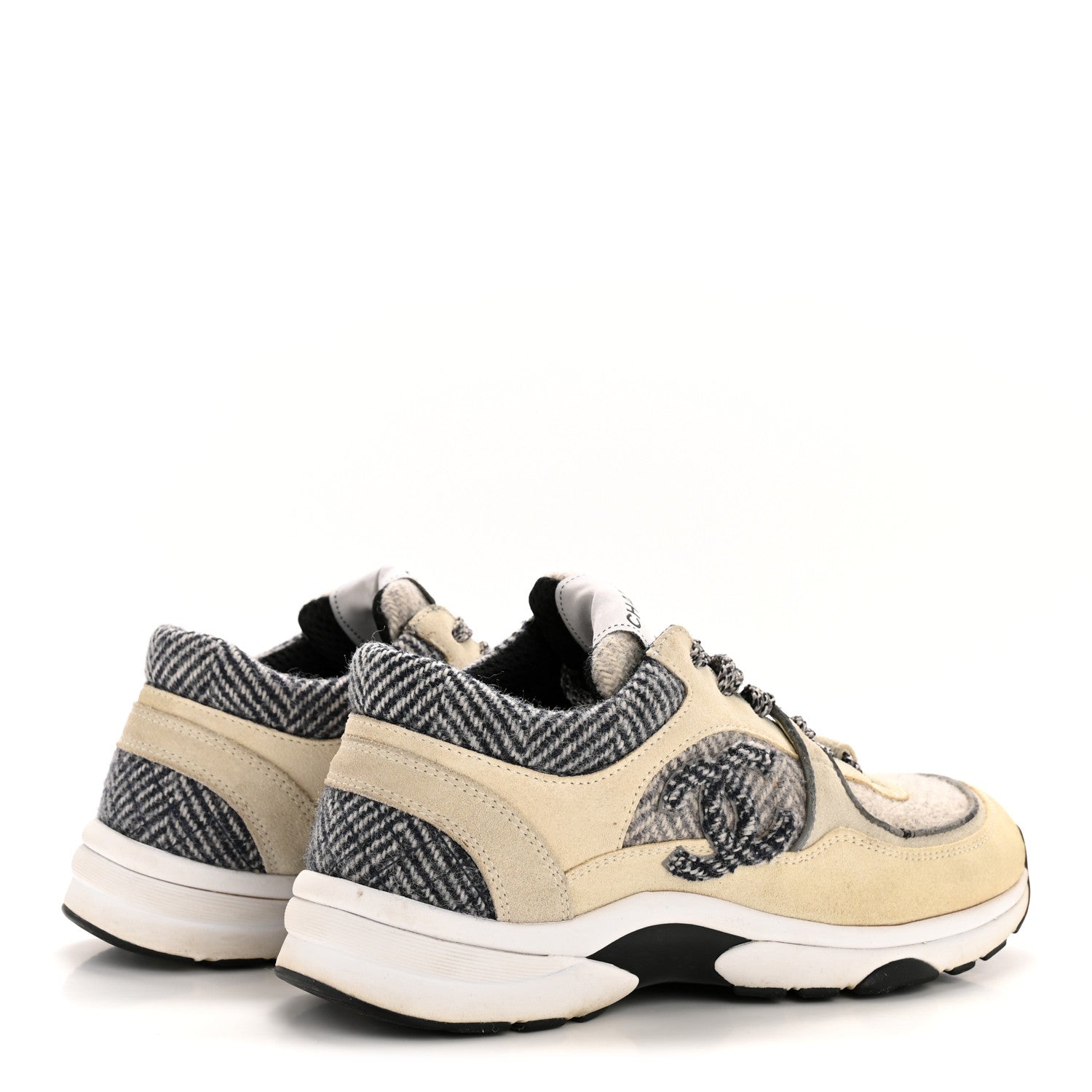 Fabric Suede Calfskin Womens CC Sneakers 37.5 Ivory Light Gray White