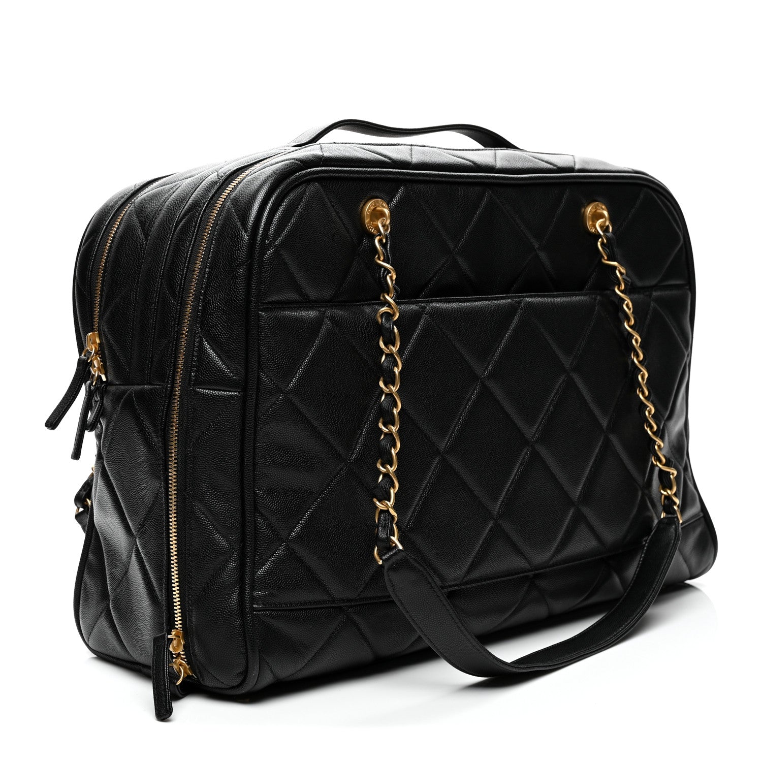 Shiny Grained Calfskin Quilted Travel Bowling Bag Black